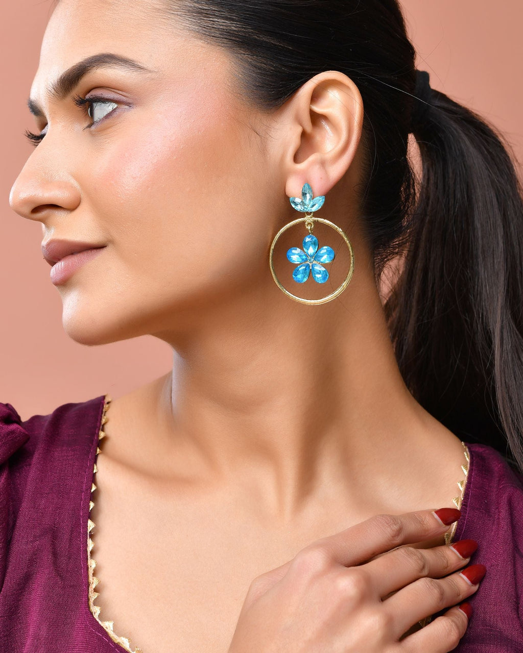 Jewels Nest Gold-Tone Blue Crystal Floral Hoop Earrings For Women