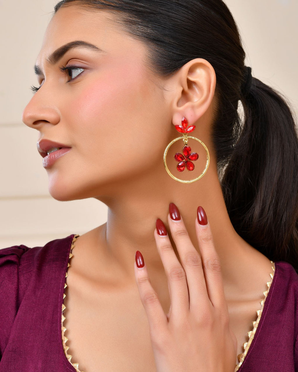 Jewels Nest Gold-Tone Red Crystal Floral Hoop Earrings For Women