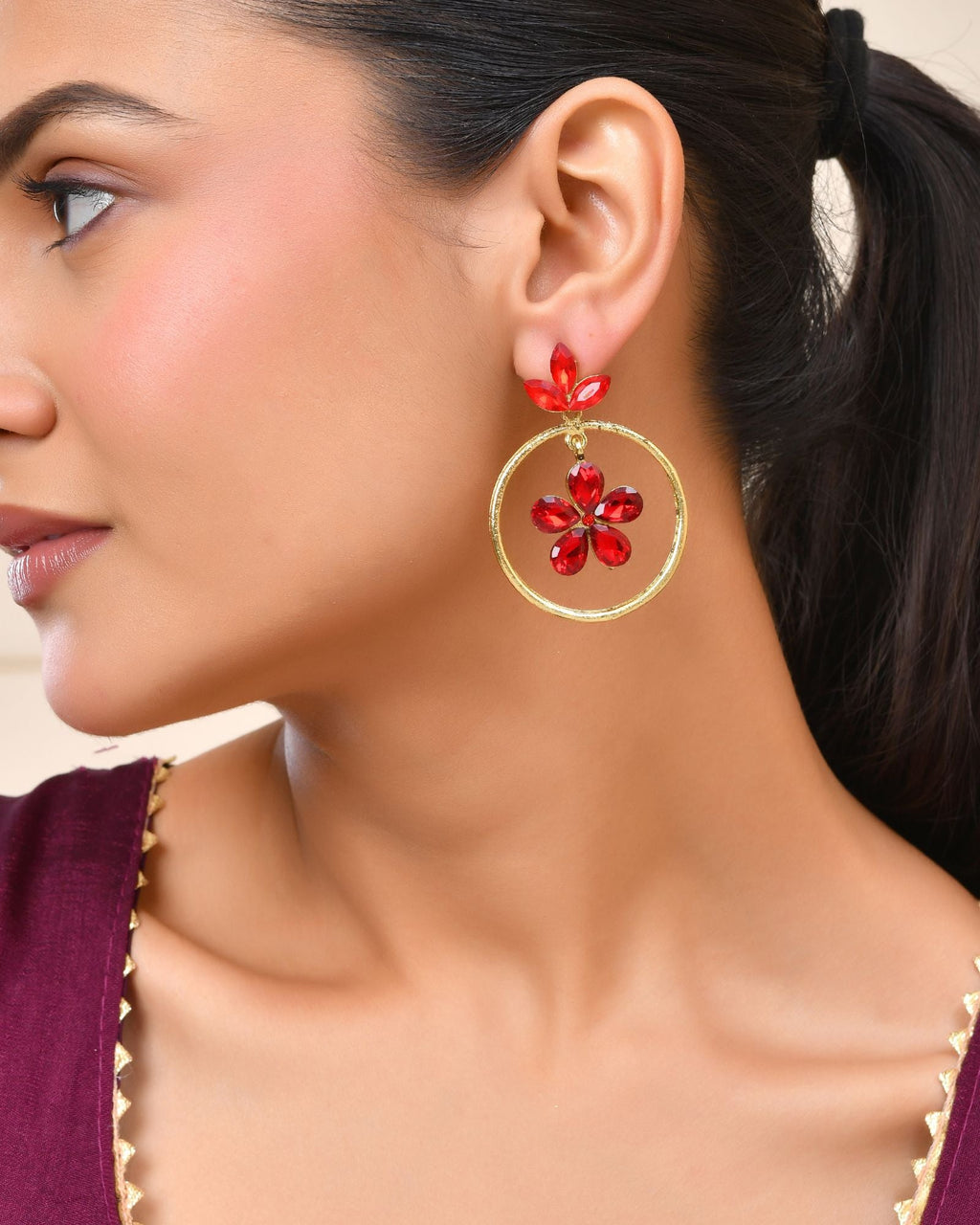 Jewels Nest Gold-Tone Red Crystal Floral Hoop Earrings For Women