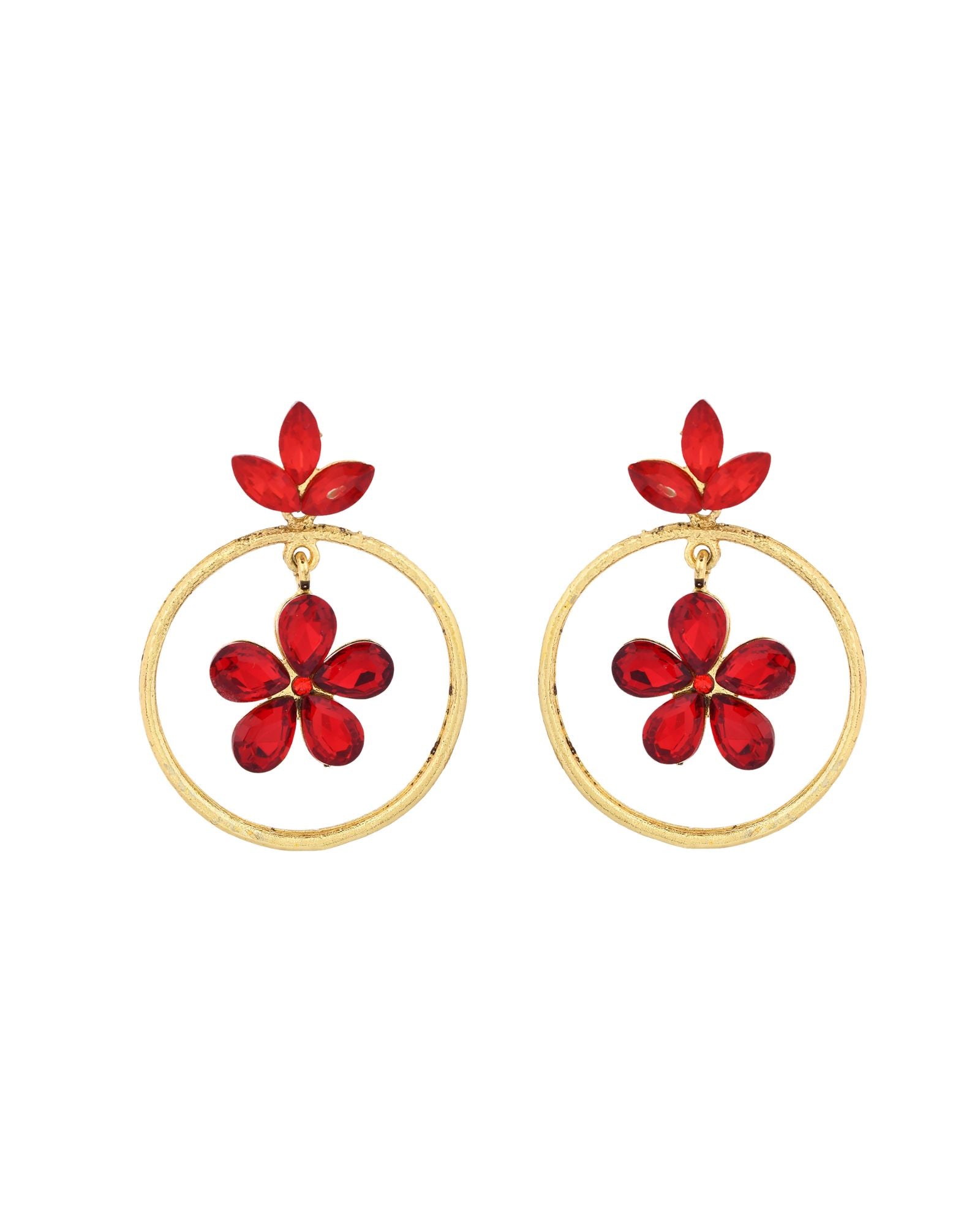 Jewels Nest Gold-Tone Red Crystal Floral Hoop Earrings For Women