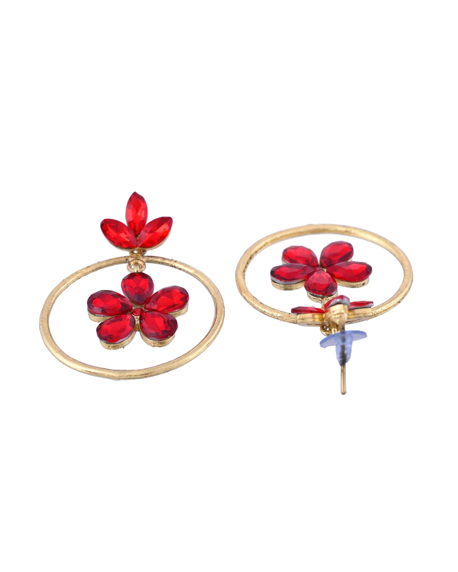 Jewels Nest Gold-Tone Red Crystal Floral Hoop Earrings For Women