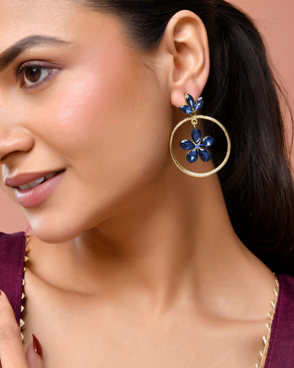 Jewels Nest Gold-Tone Blue Crystal Floral Hoop Earrings For Women