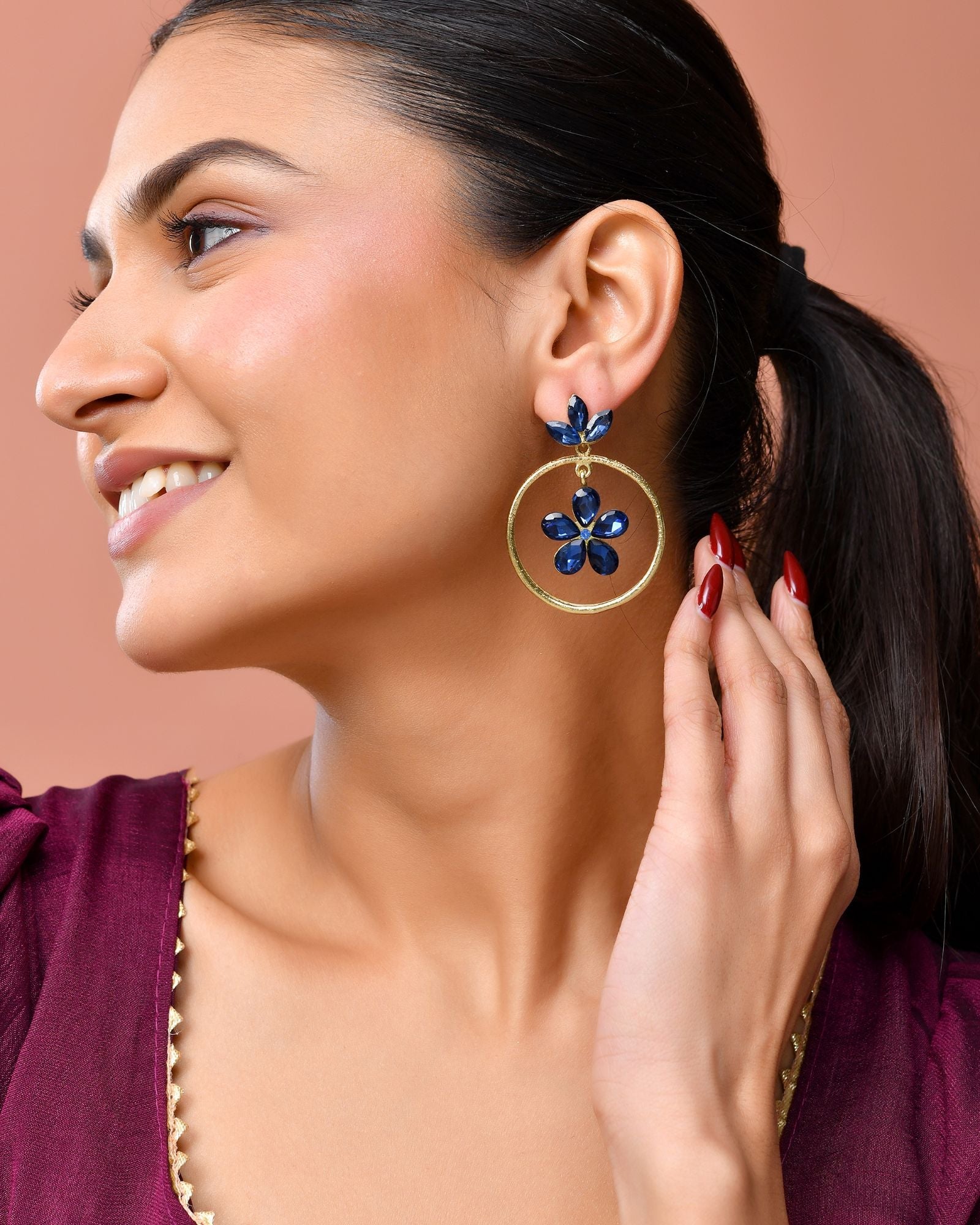 Jewels Nest Gold-Tone Blue Crystal Floral Hoop Earrings For Women