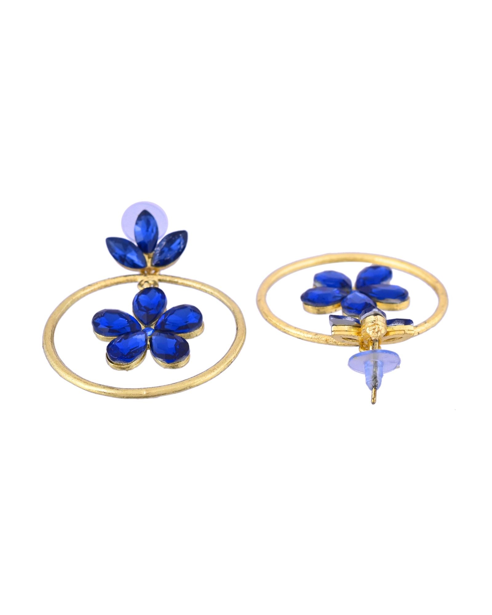 Jewels Nest Gold-Tone Blue Crystal Floral Hoop Earrings For Women