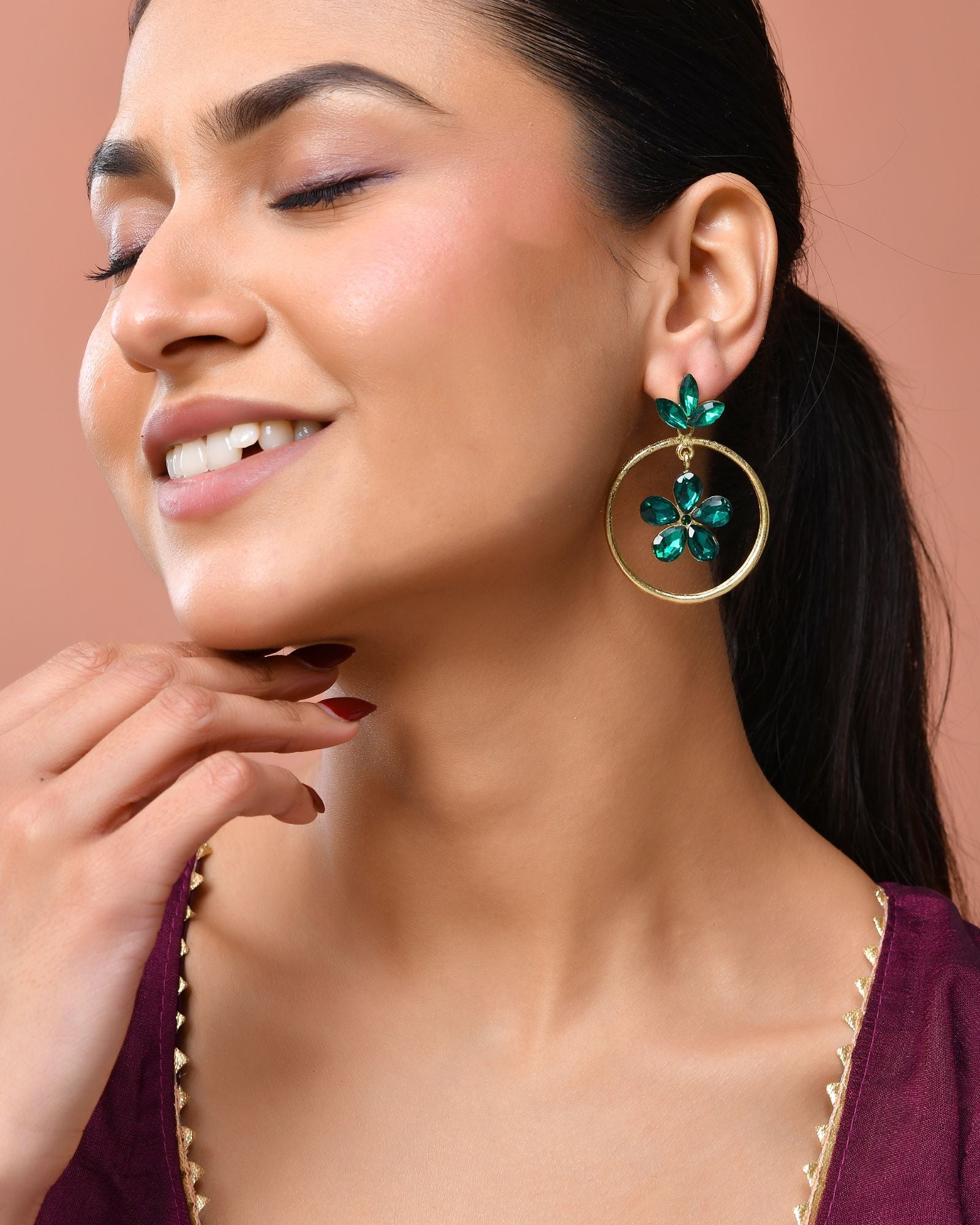 Jewels Nest Gold Tone Emerald Green Crystal Floral Hoop Earrings For Women