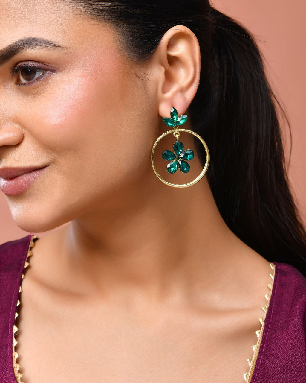 Jewels Nest Gold Tone Emerald Green Crystal Floral Hoop Earrings For Women