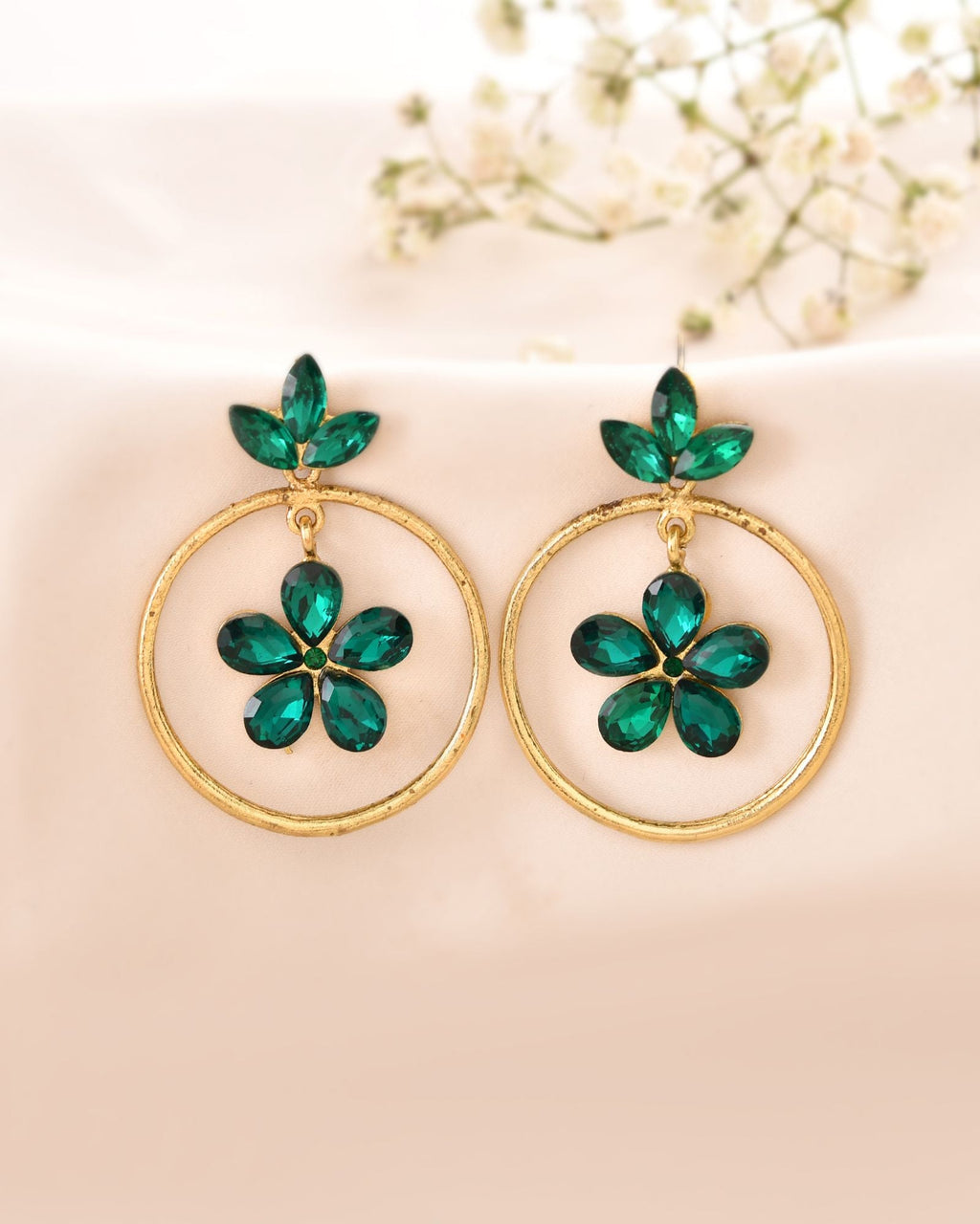 Jewels Nest Gold Tone Emerald Green Crystal Floral Hoop Earrings For Women