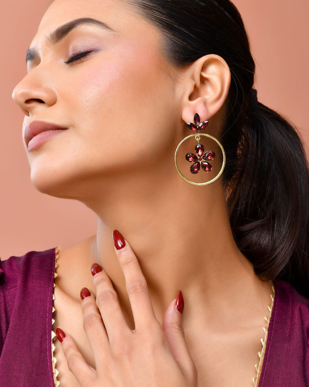 Jewels Nest Gold Tone Dark Maroon Floral Hoop Earrings For Women