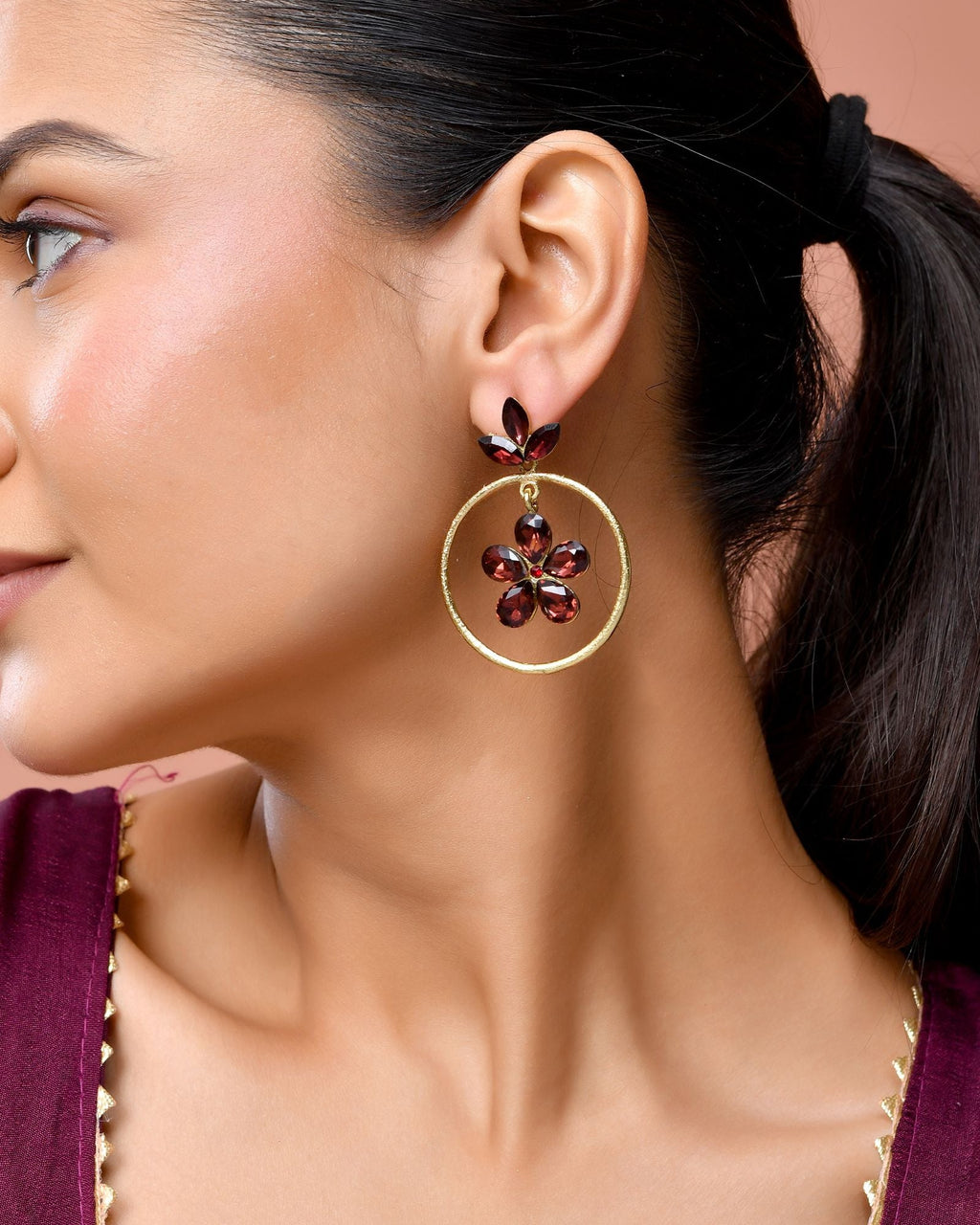 Jewels Nest Gold Tone Dark Maroon Floral Hoop Earrings For Women