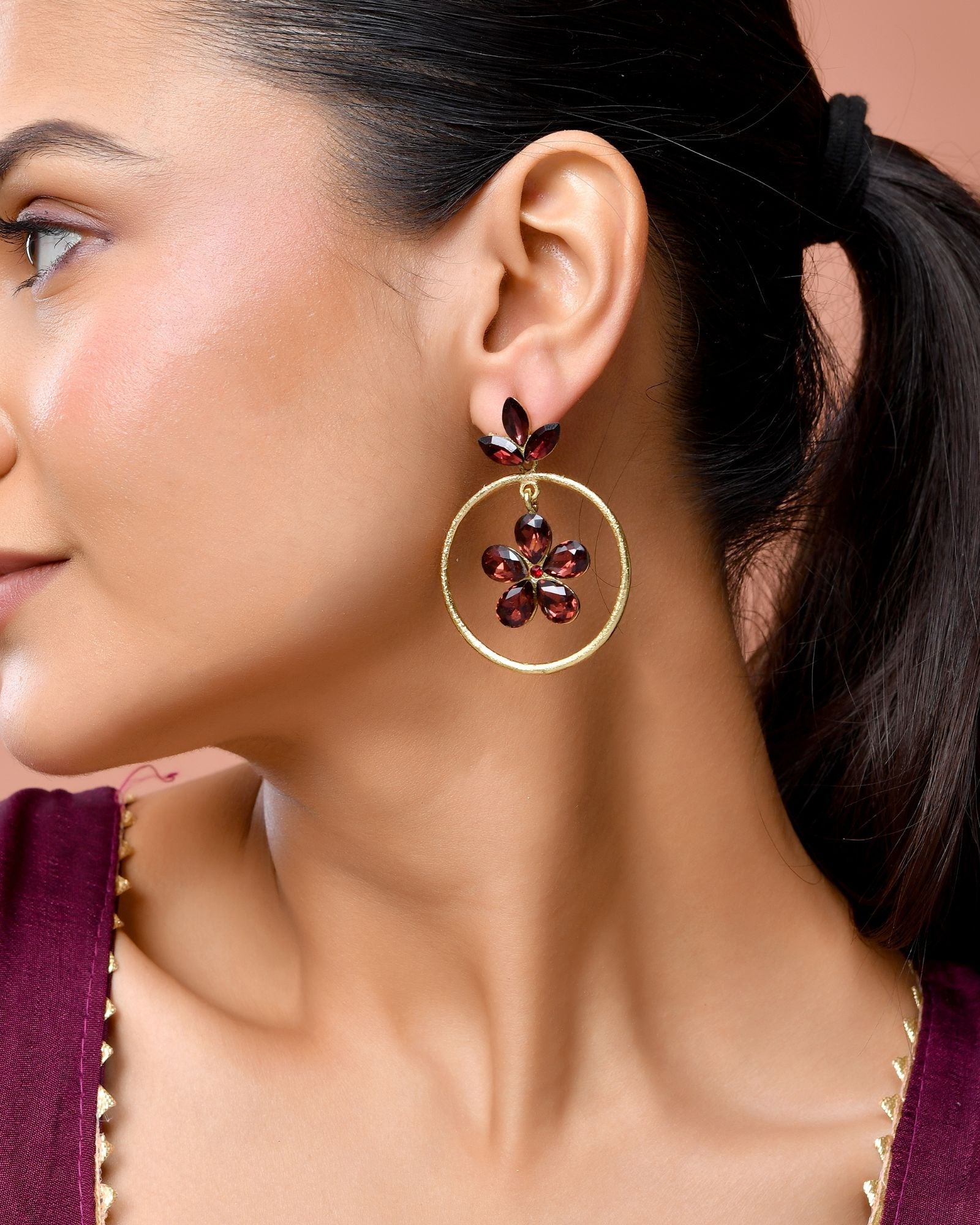 Jewels Nest Gold Tone Dark Maroon Floral Hoop Earrings For Women