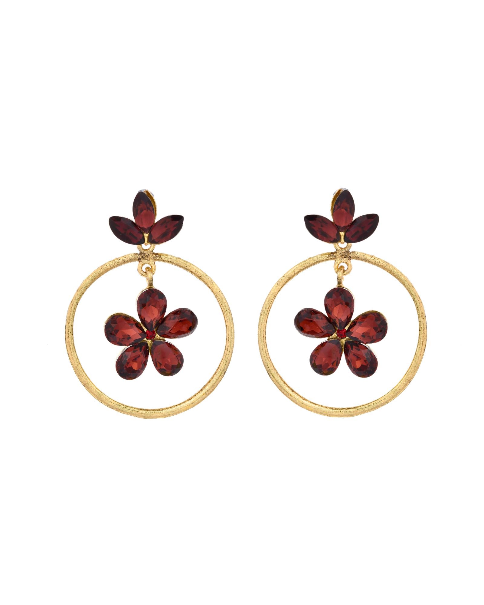 Jewels Nest Gold Tone Dark Maroon Floral Hoop Earrings For Women