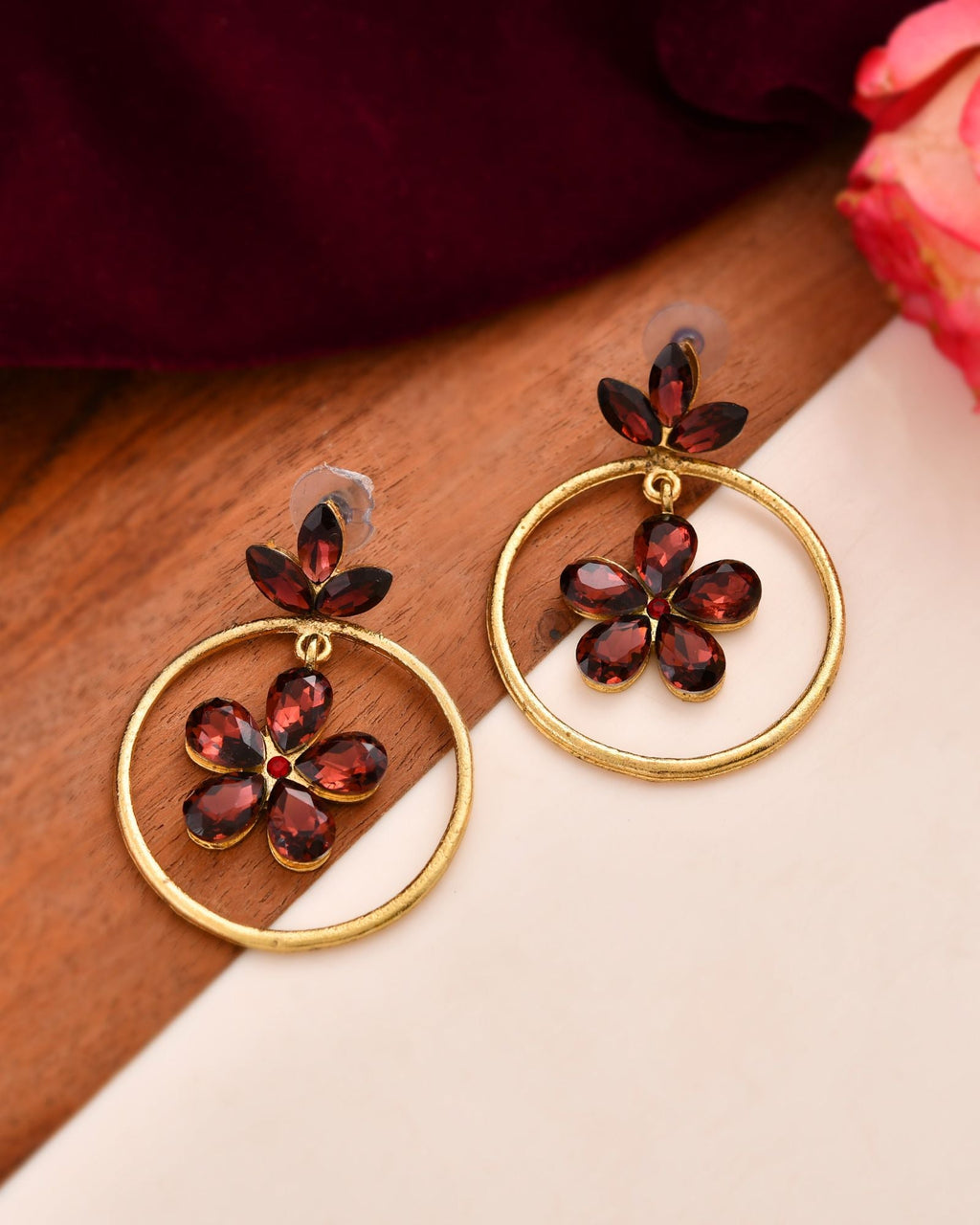 Jewels Nest Gold Tone Dark Maroon Floral Hoop Earrings For Women