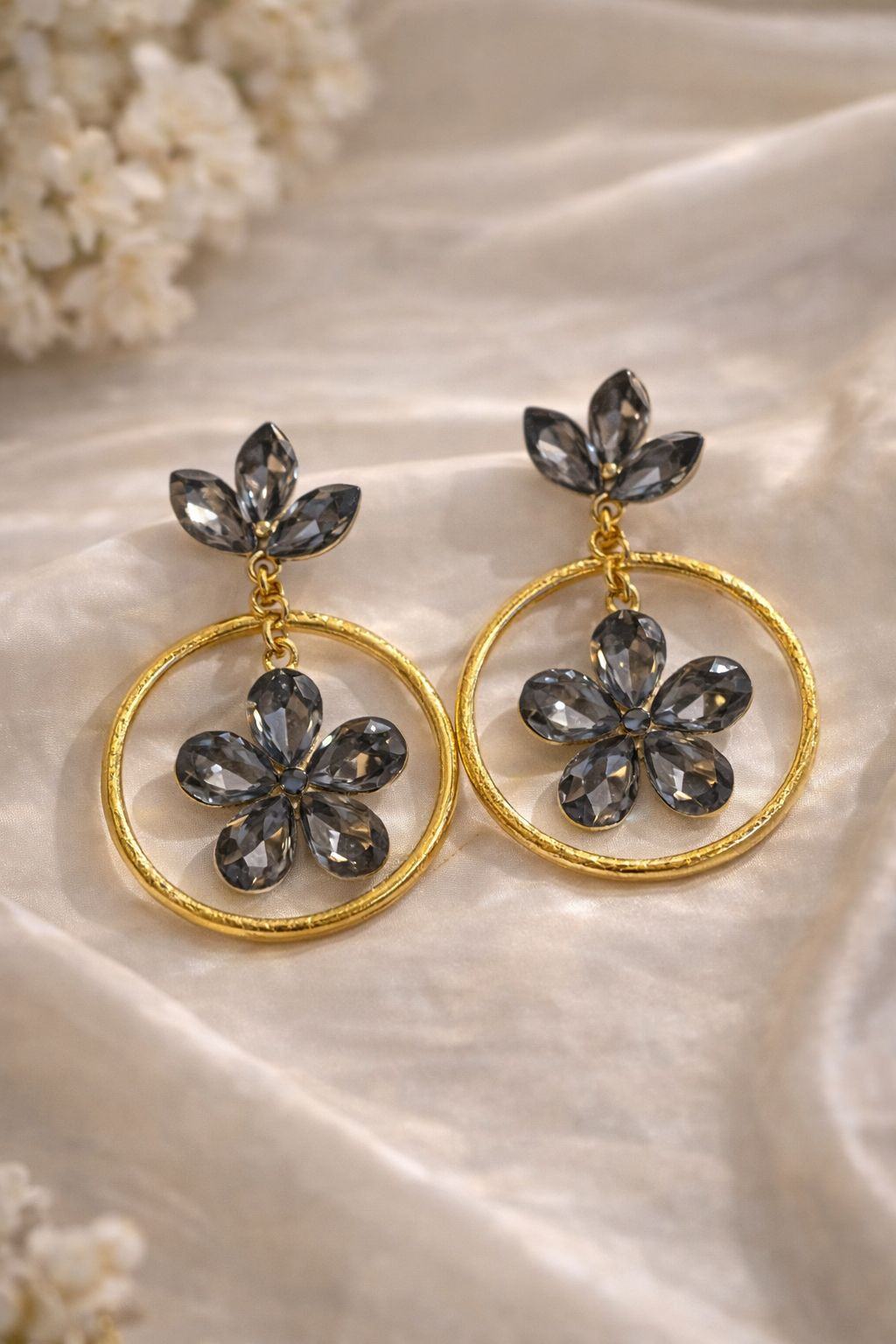 Jewels Nest Gold Plated Black Stone Floral Hoop Earrings For Women