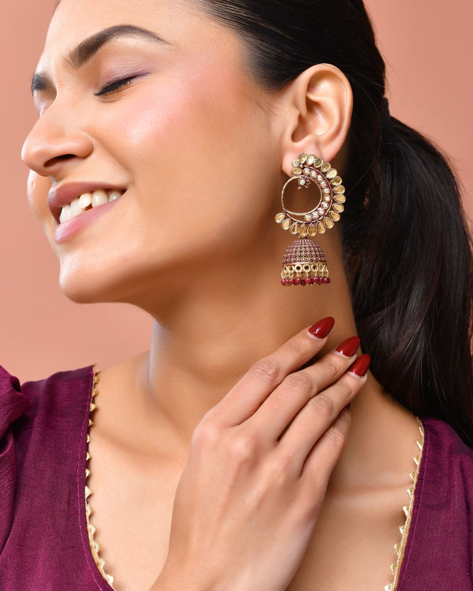 Jewels Nest Gold Plated Kundan Style Jhumka Earrings With Maroon Beads For Women