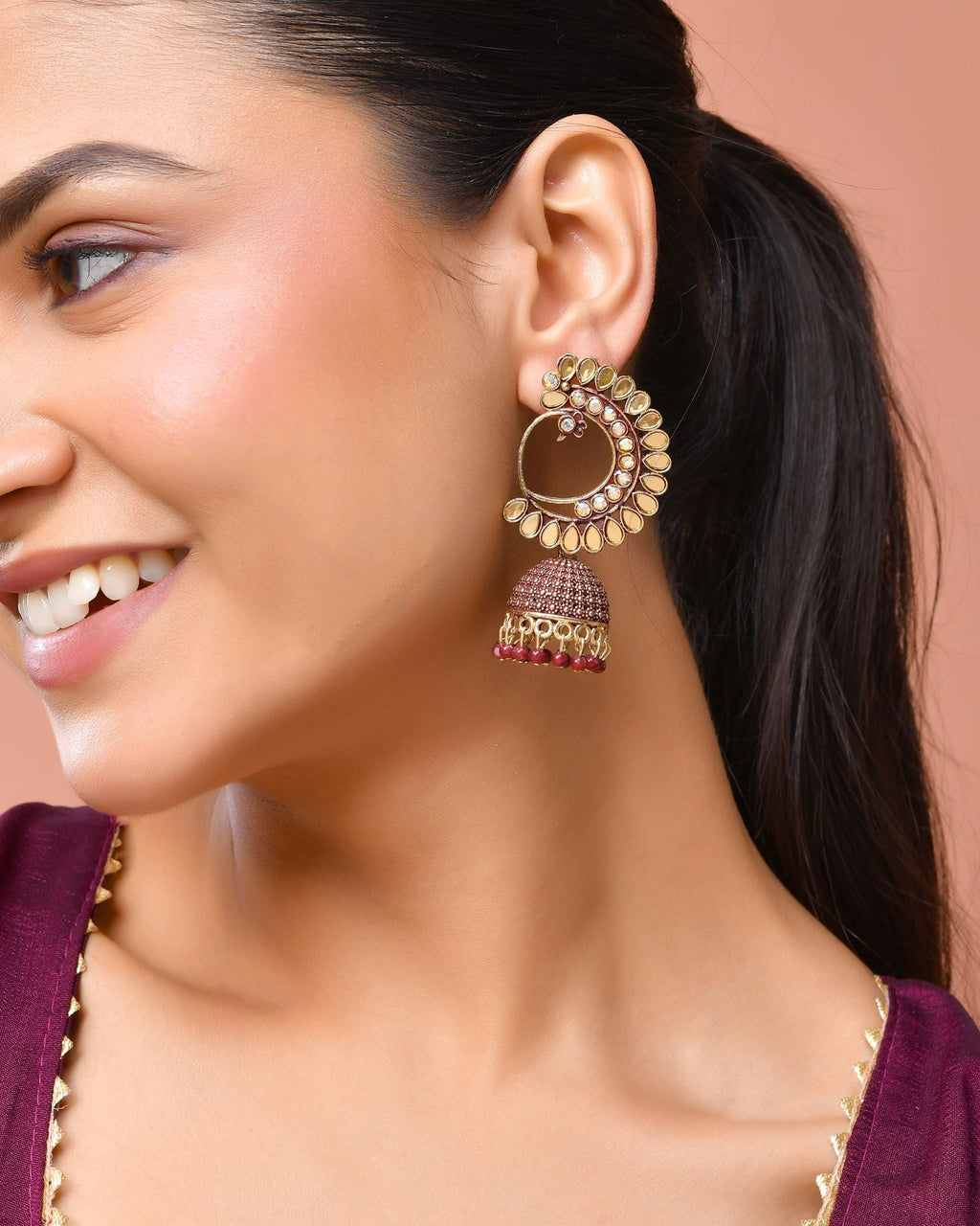 Jewels Nest Gold Plated Kundan Style Jhumka Earrings With Maroon Beads For Women