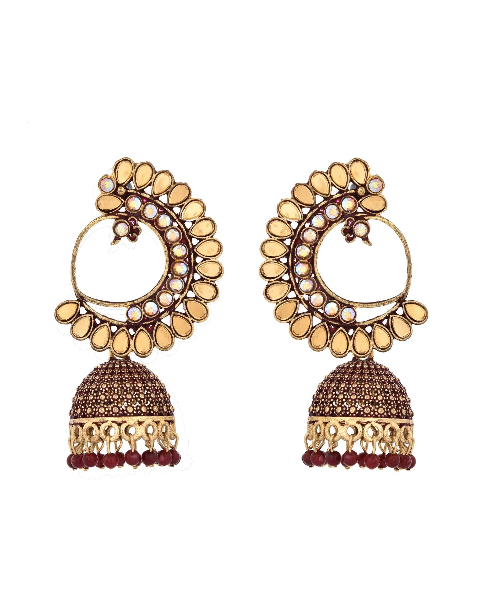 Jewels Nest Gold Plated Kundan Style Jhumka Earrings With Maroon Beads For Women