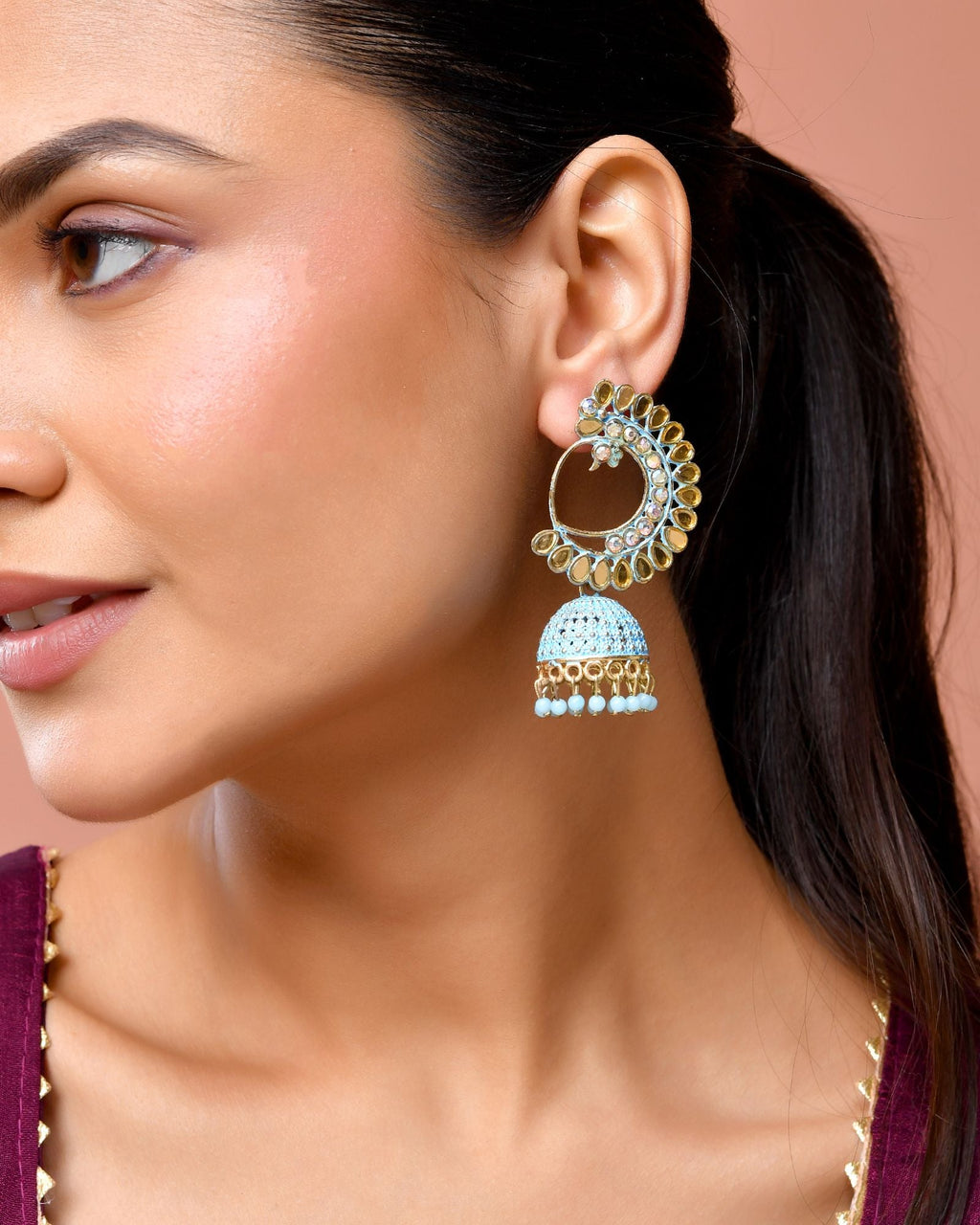 Jewels Nest Gold Plated Kundan Style Blue Jhumka Earrings With Bead Drops For Women