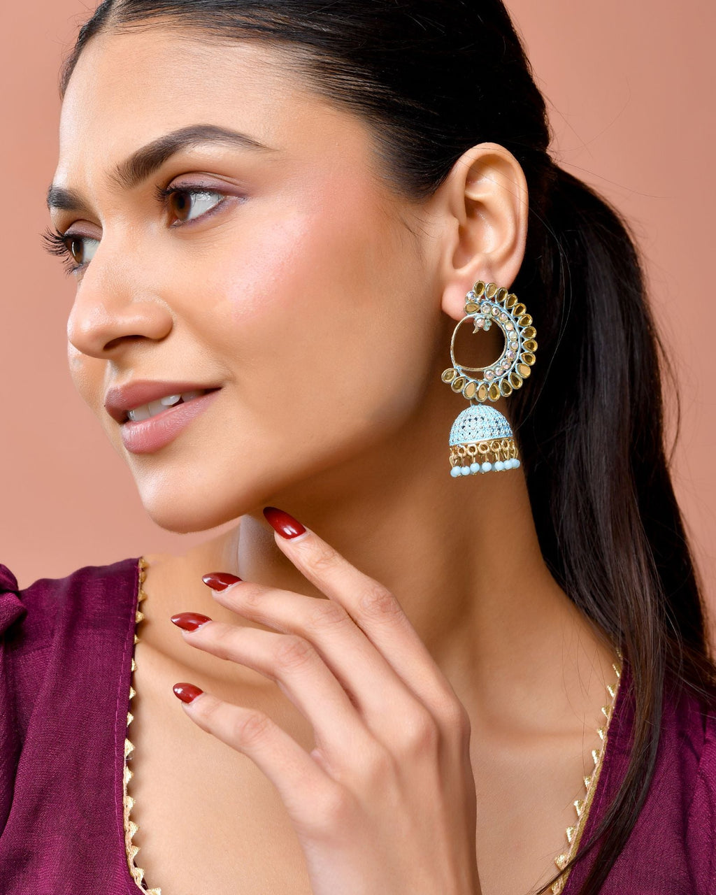 Jewels Nest Gold Plated Kundan Style Blue Jhumka Earrings With Bead Drops For Women