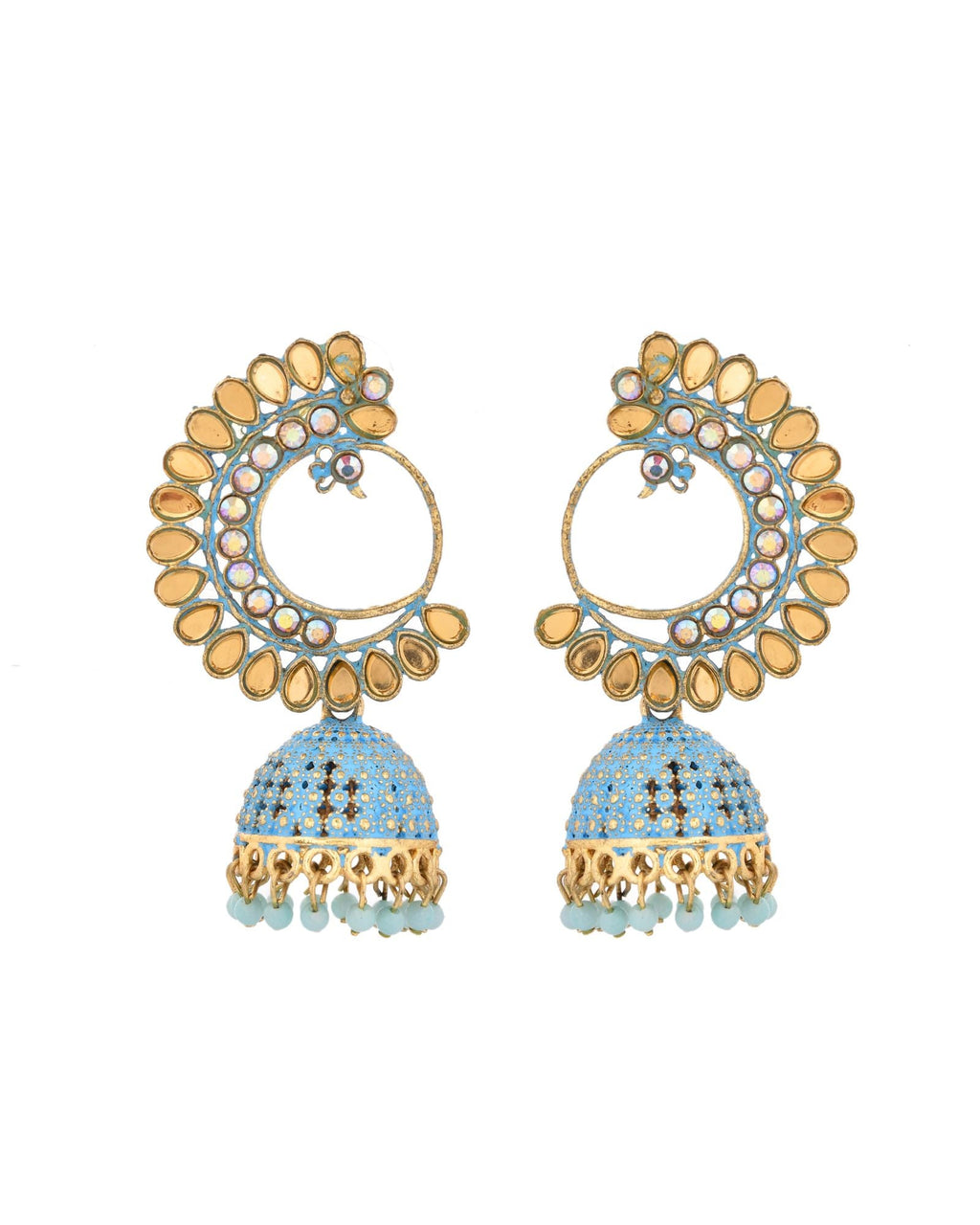 Jewels Nest Gold Plated Kundan Style Blue Jhumka Earrings With Bead Drops For Women
