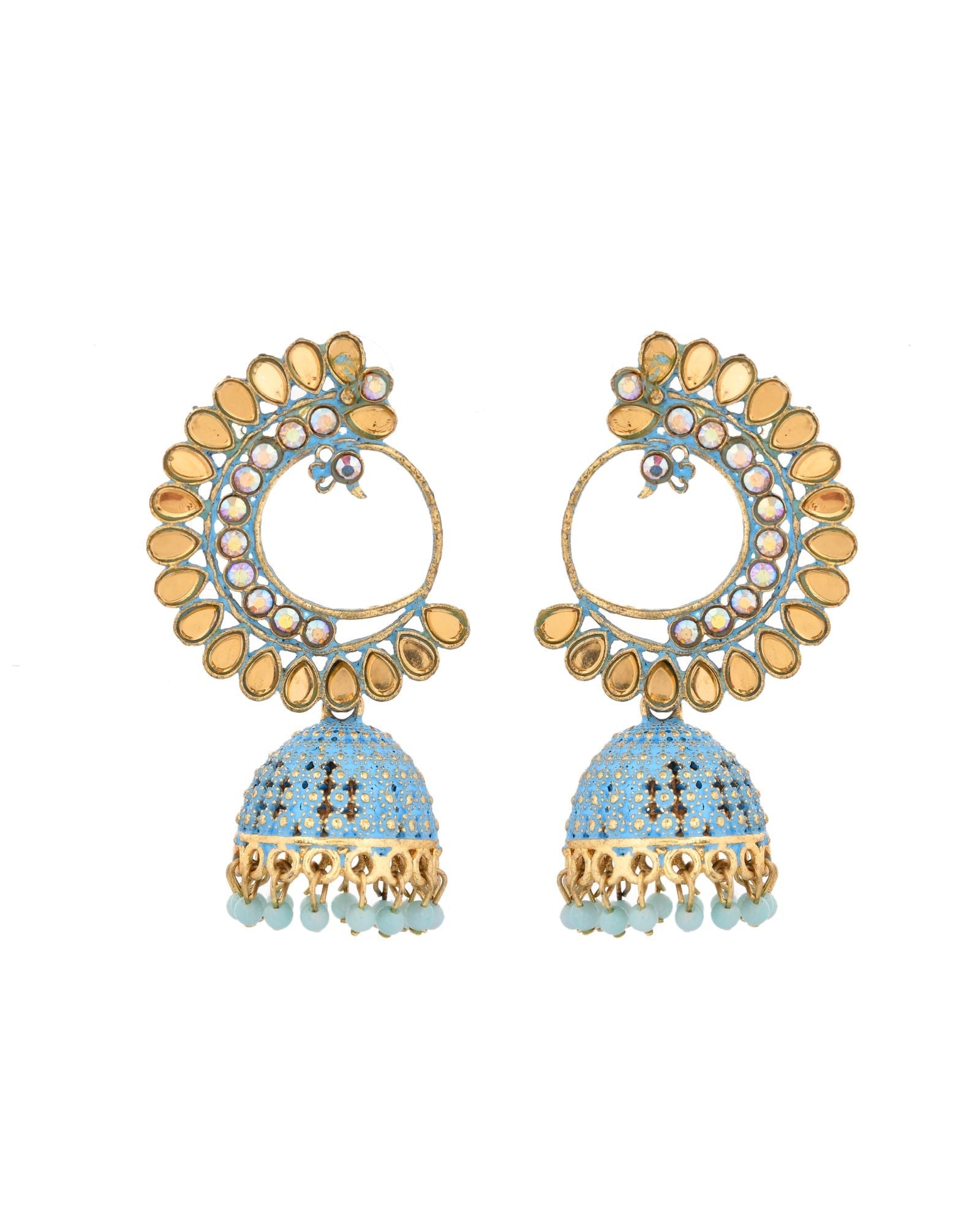 Jewels Nest Gold Plated Kundan Style Blue Jhumka Earrings With Bead Drops For Women