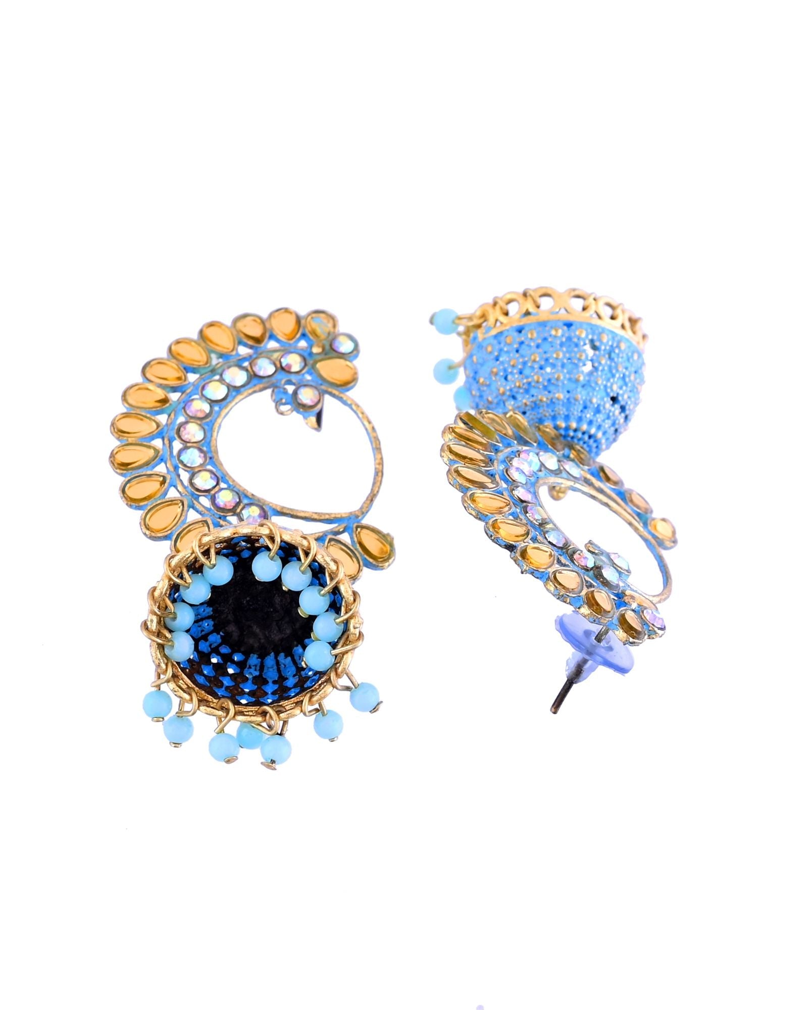 Jewels Nest Gold Plated Kundan Style Blue Jhumka Earrings With Bead Drops For Women