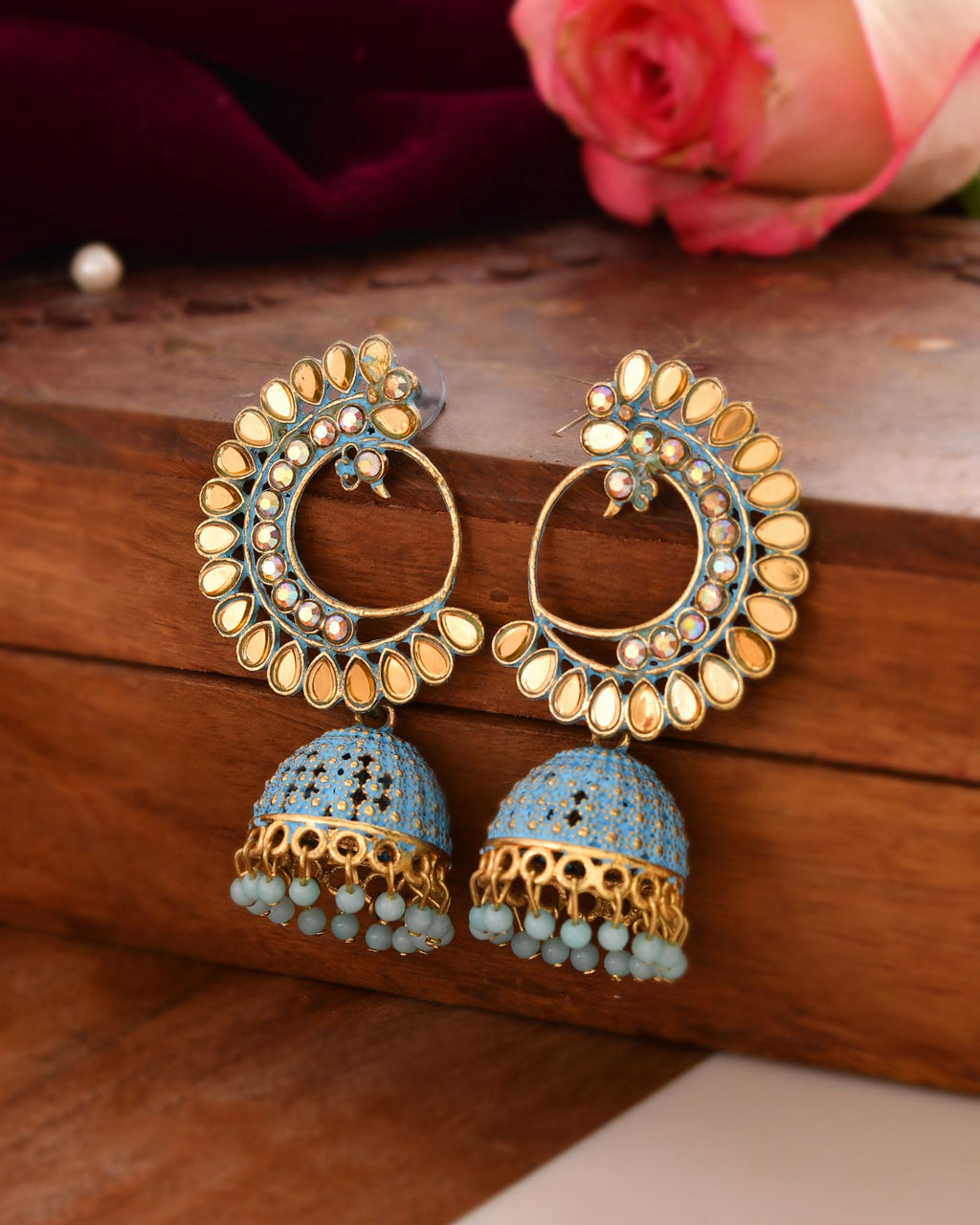Jewels Nest Gold Plated Kundan Style Blue Jhumka Earrings With Bead Drops For Women