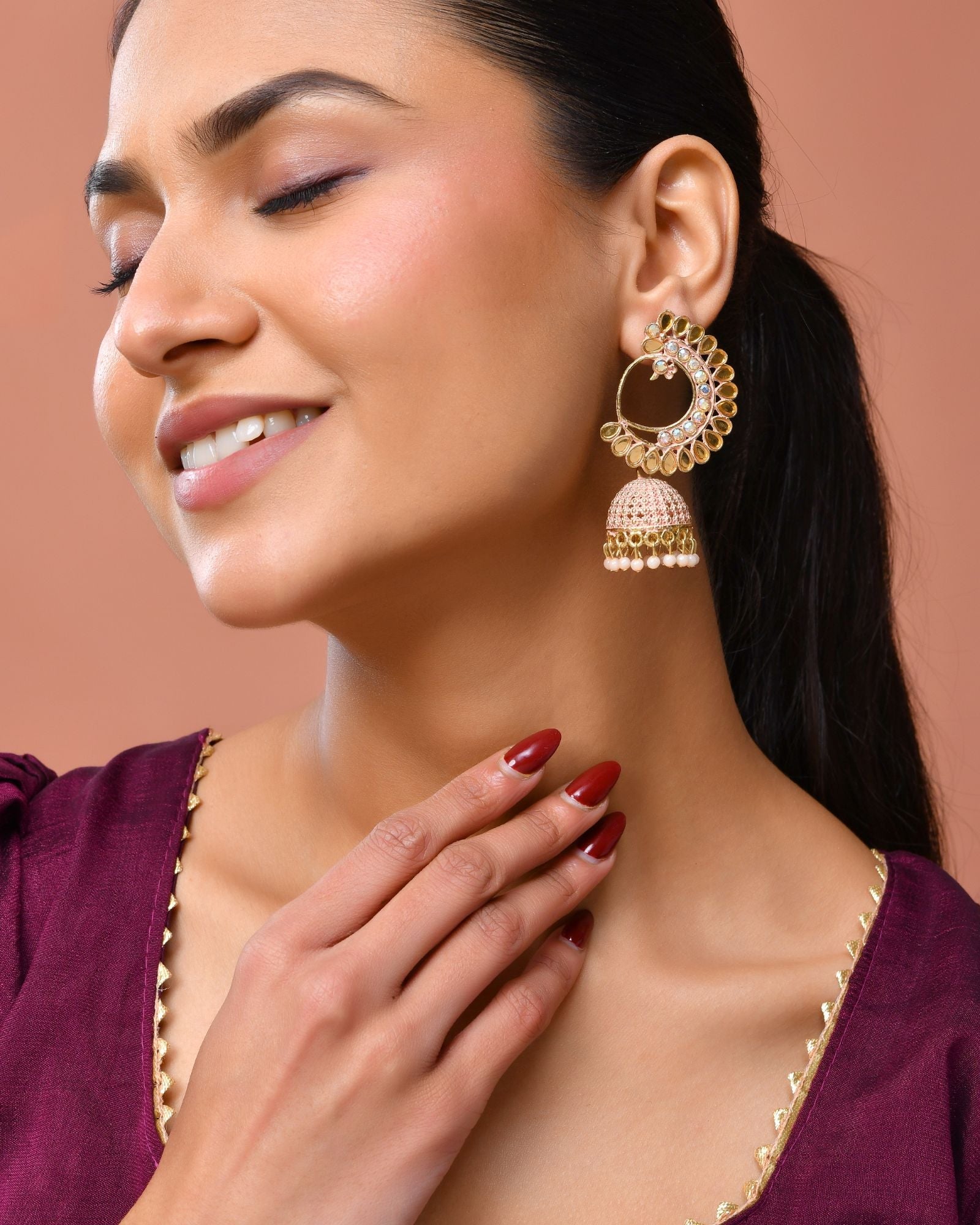 Jewels Nest Gold Plated Kundan Style Pink Jhumka Earrings With Pearl Bead Drops For Women