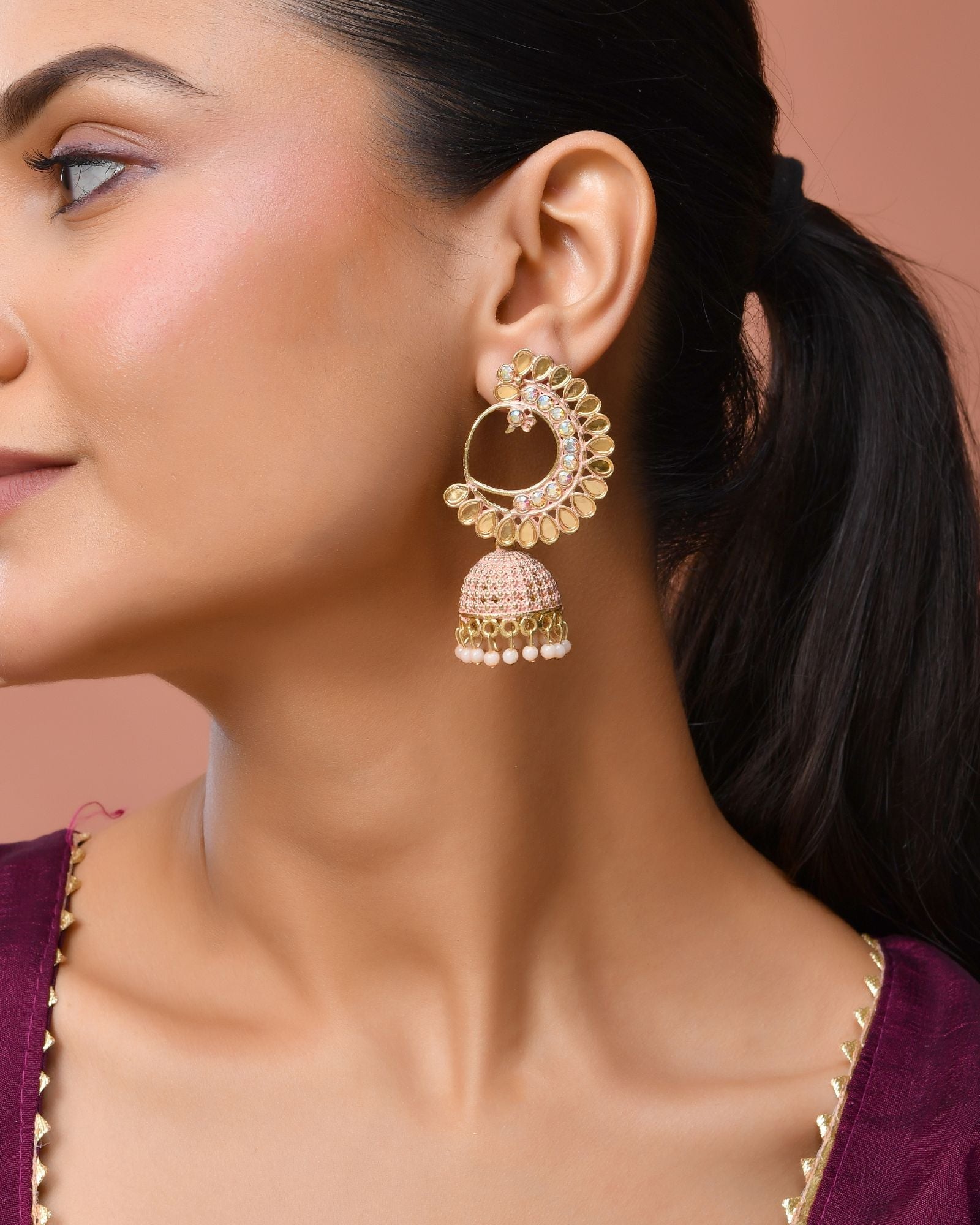 Jewels Nest Gold Plated Kundan Style Pink Jhumka Earrings With Pearl Bead Drops For Women