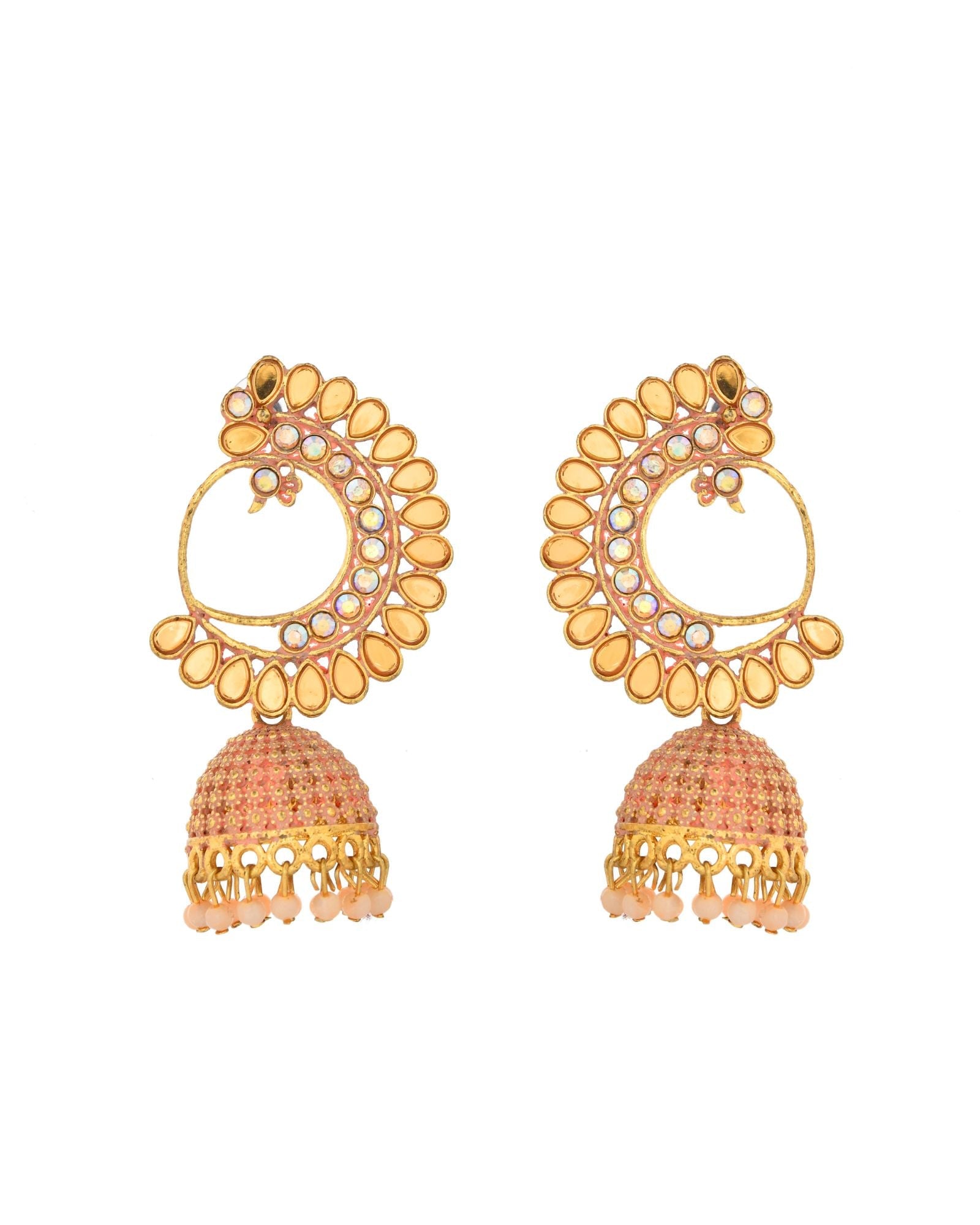 Jewels Nest Gold Plated Kundan Style Pink Jhumka Earrings With Pearl Bead Drops For Women
