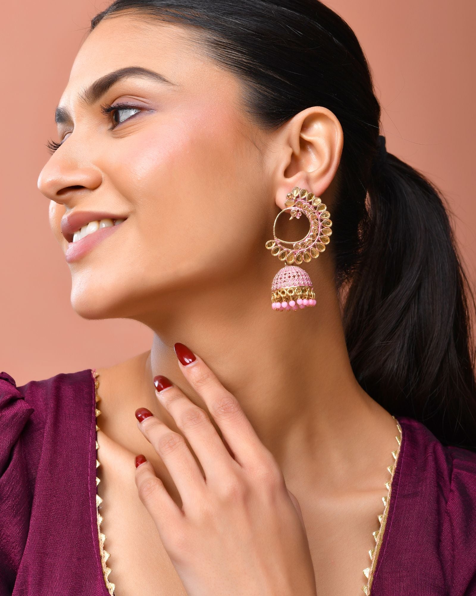 Jewels Nest Gold Plated Kundan Style Light Pink Jhumka Earrings With Bead Drops For Women