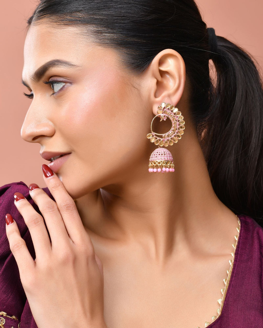 Jewels Nest Gold Plated Kundan Style Light Pink Jhumka Earrings With Bead Drops For Women
