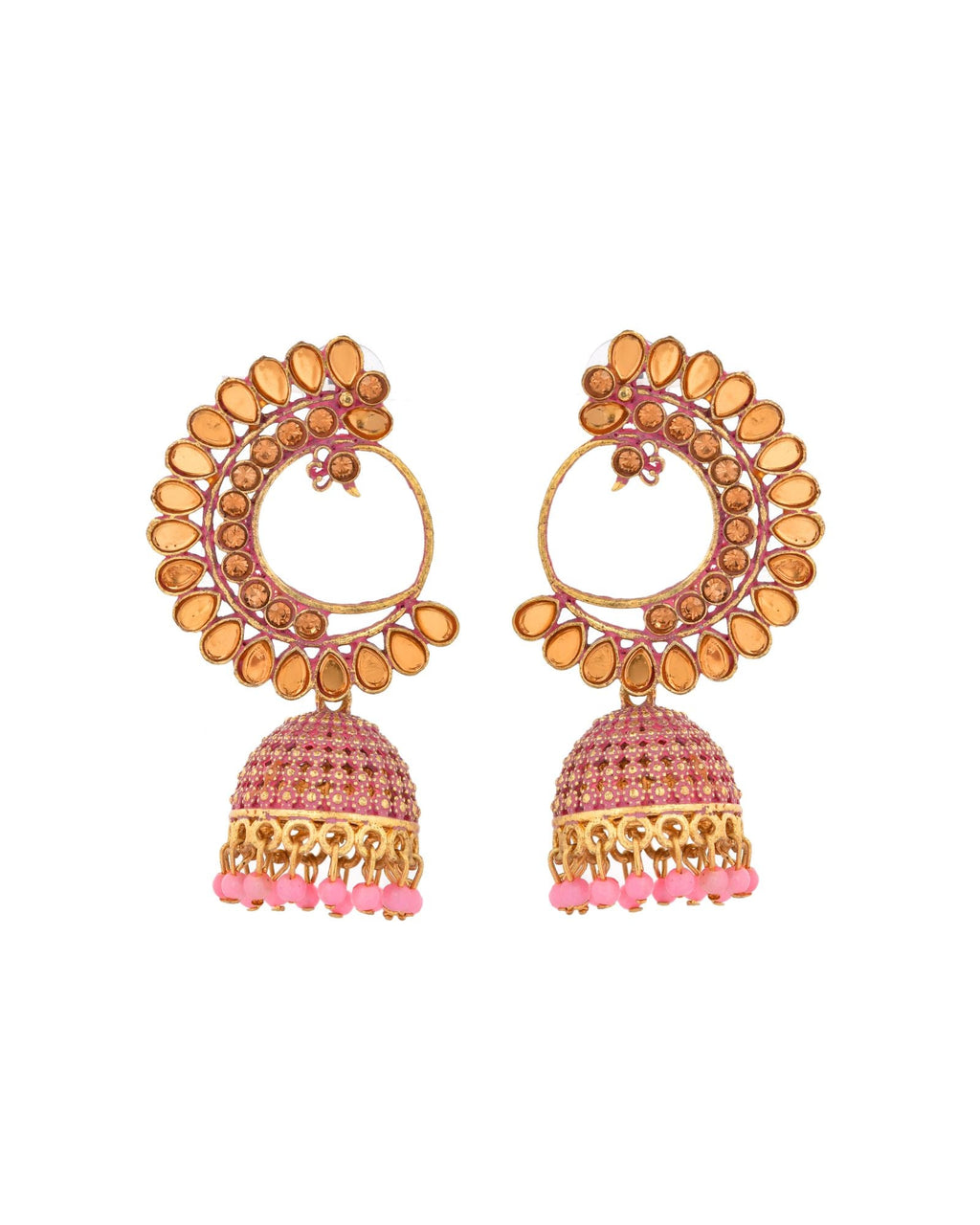 Jewels Nest Gold Plated Kundan Style Light Pink Jhumka Earrings With Bead Drops For Women