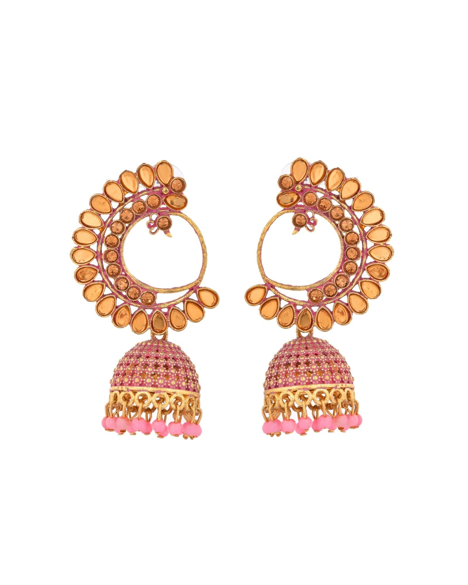 Jewels Nest Gold Plated Kundan Style Light Pink Jhumka Earrings With Bead Drops For Women