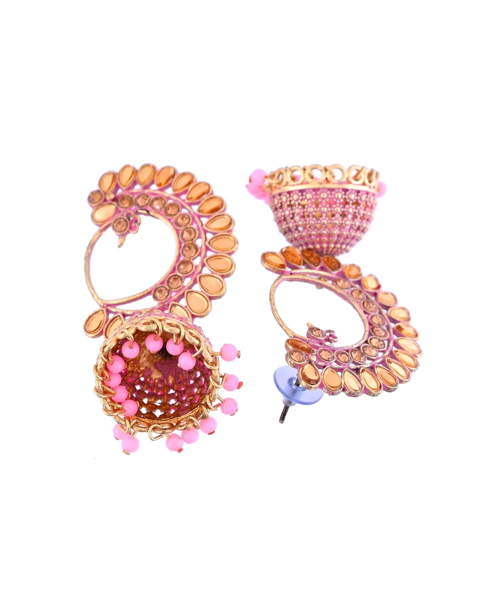 Jewels Nest Gold Plated Kundan Style Light Pink Jhumka Earrings With Bead Drops For Women