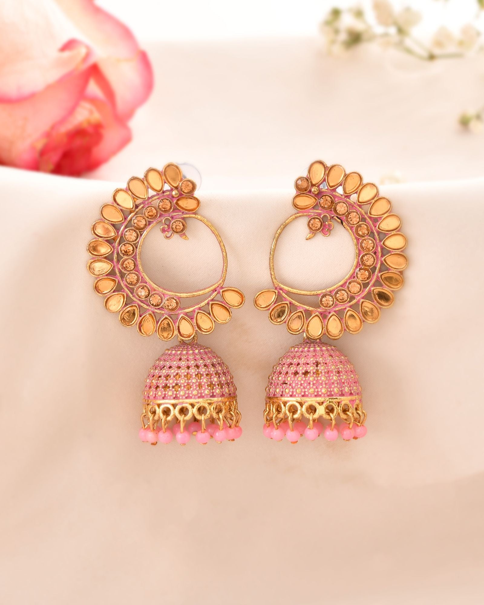 Jewels Nest Gold Plated Kundan Style Light Pink Jhumka Earrings With Bead Drops For Women