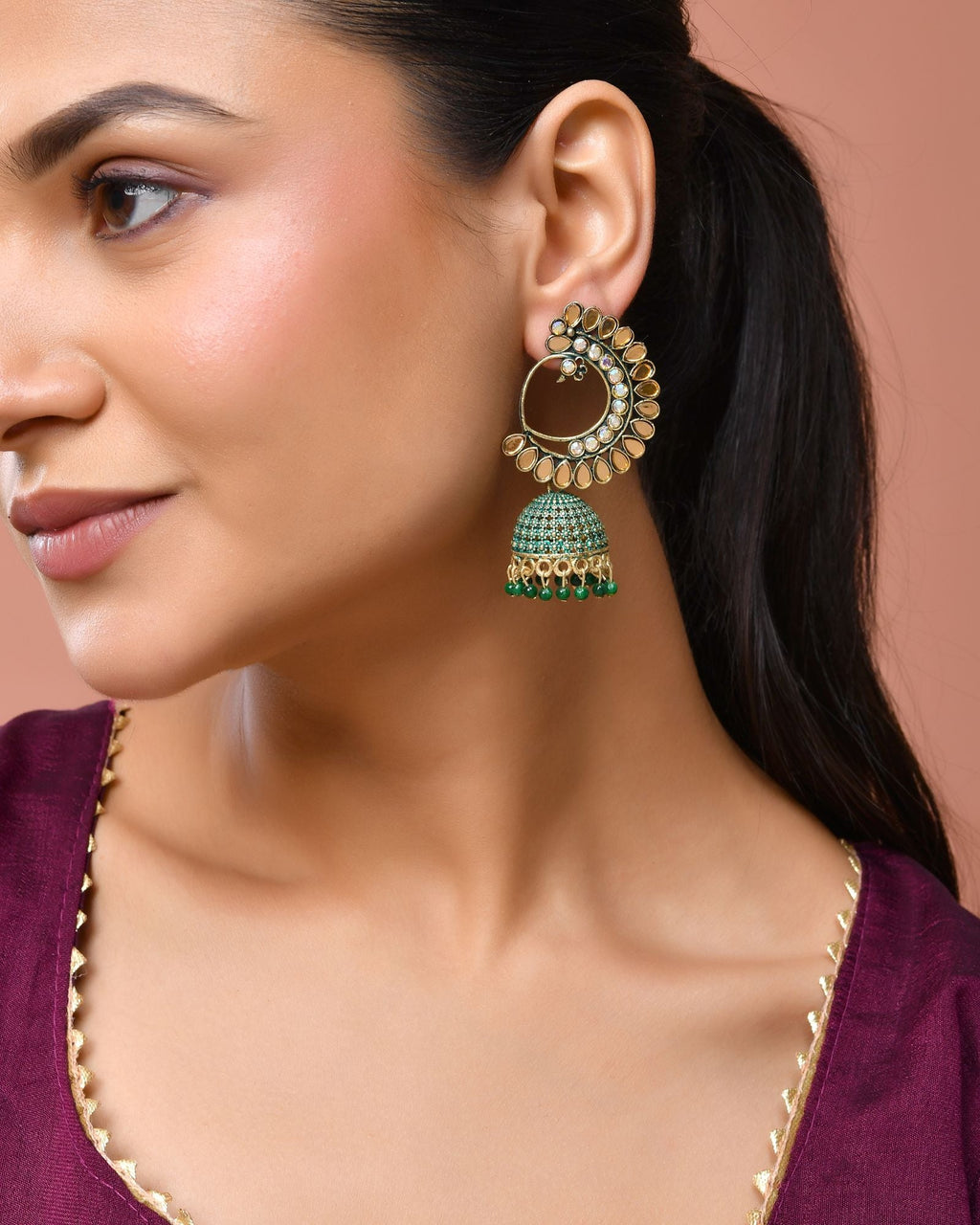 Jewels Nest Gold Plated Kundan Style Green Jhumka Earrings With Bead Drops For Women
