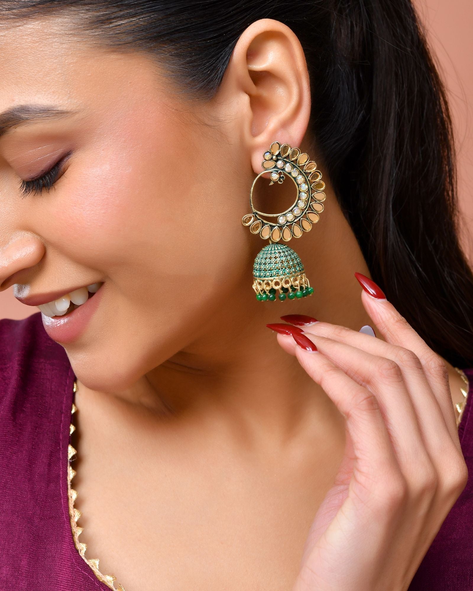 Jewels Nest Gold Plated Kundan Style Green Jhumka Earrings With Bead Drops For Women