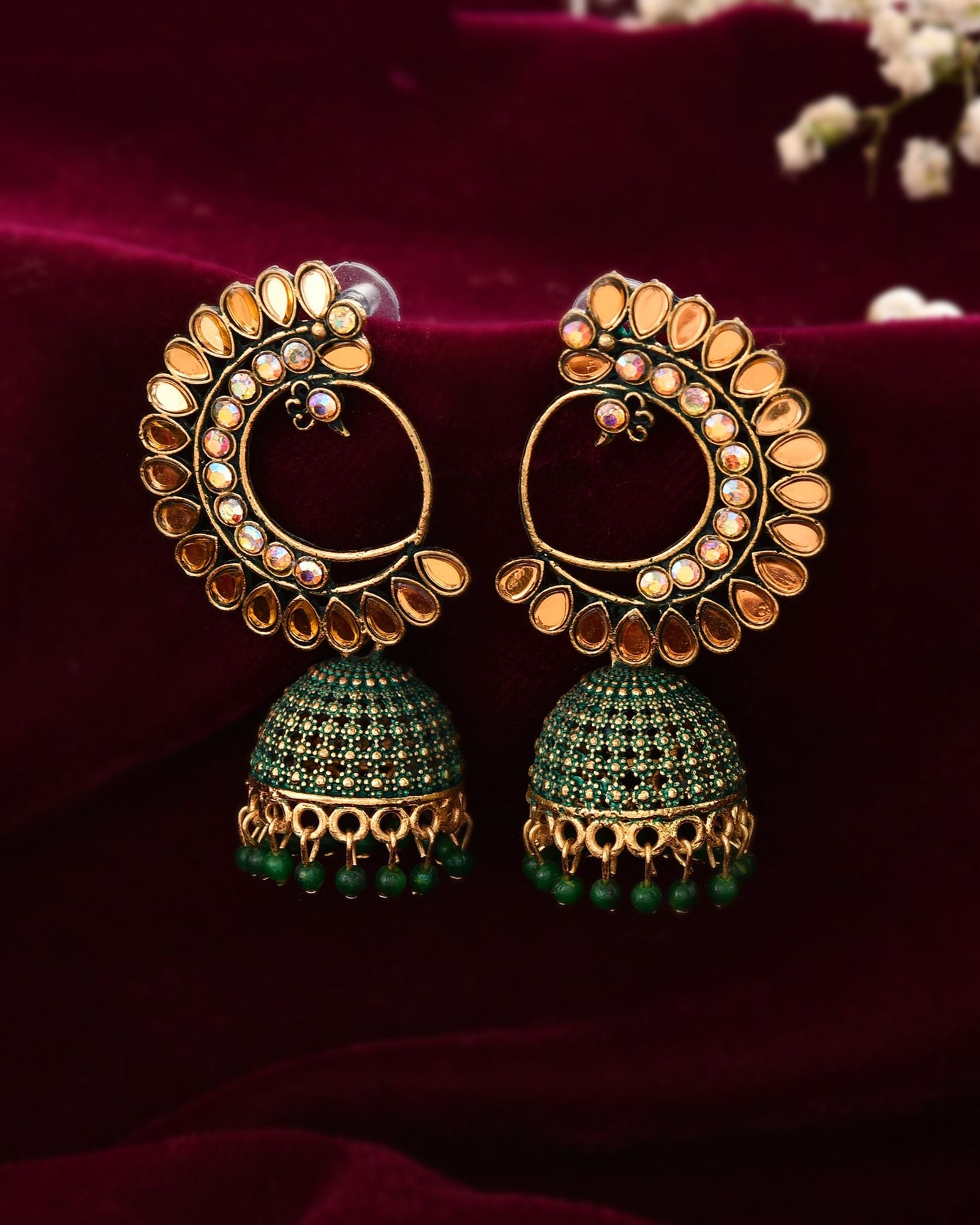 Jewels Nest Gold Plated Kundan Style Green Jhumka Earrings With Bead Drops For Women