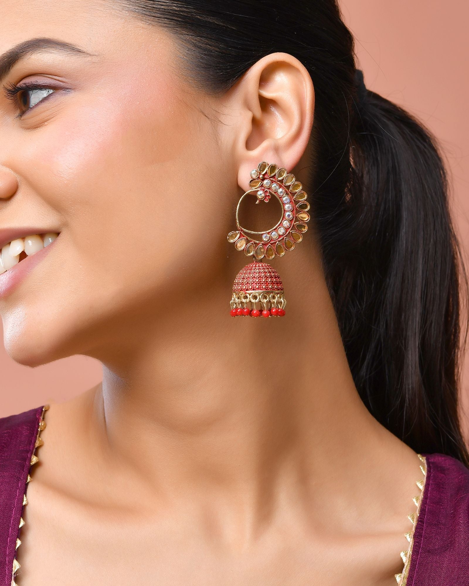 Jewels Nest Gold Plated Kundan Style Red Beaded Jhumka Earrings For Women
