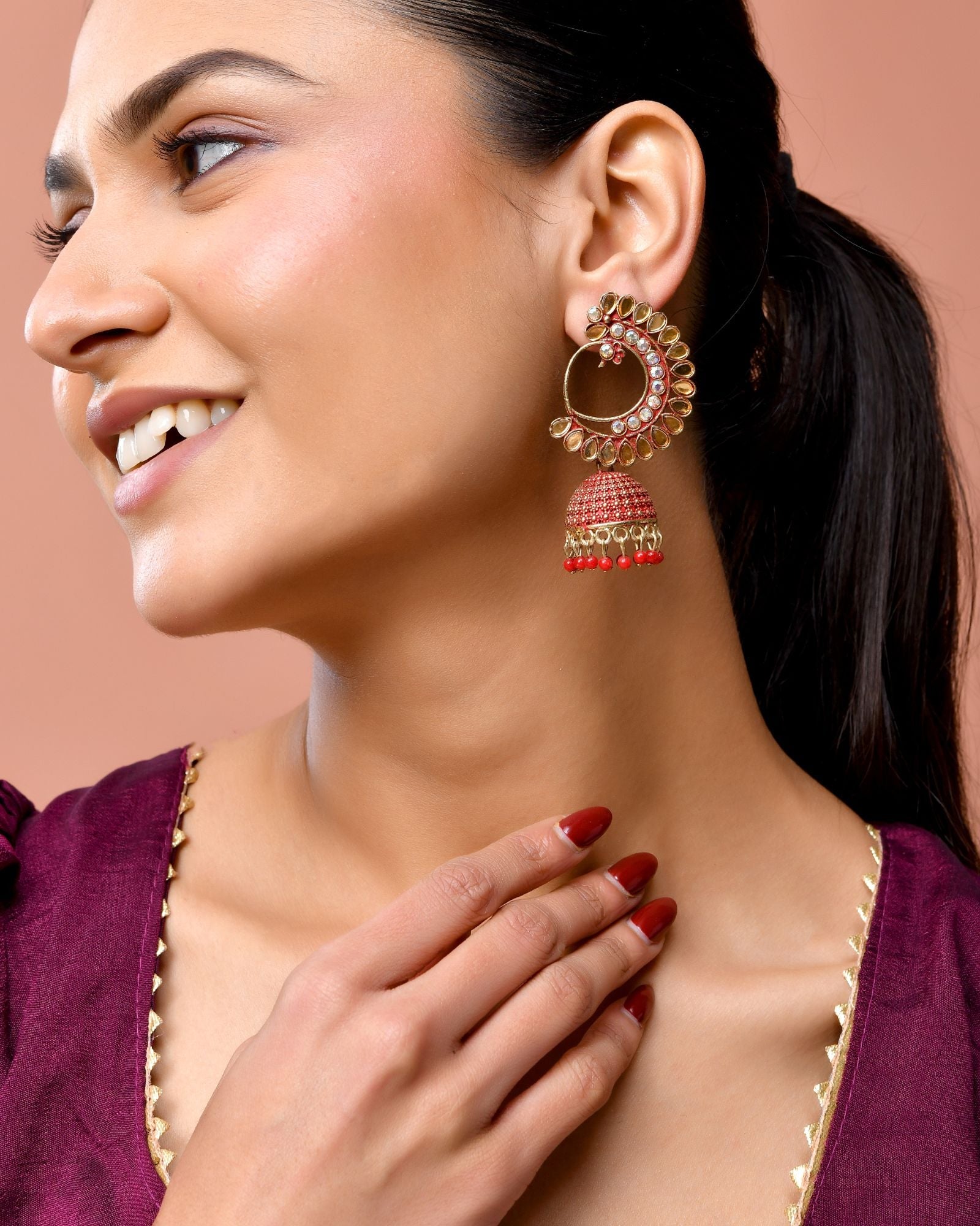 Jewels Nest Gold Plated Kundan Style Red Beaded Jhumka Earrings For Women