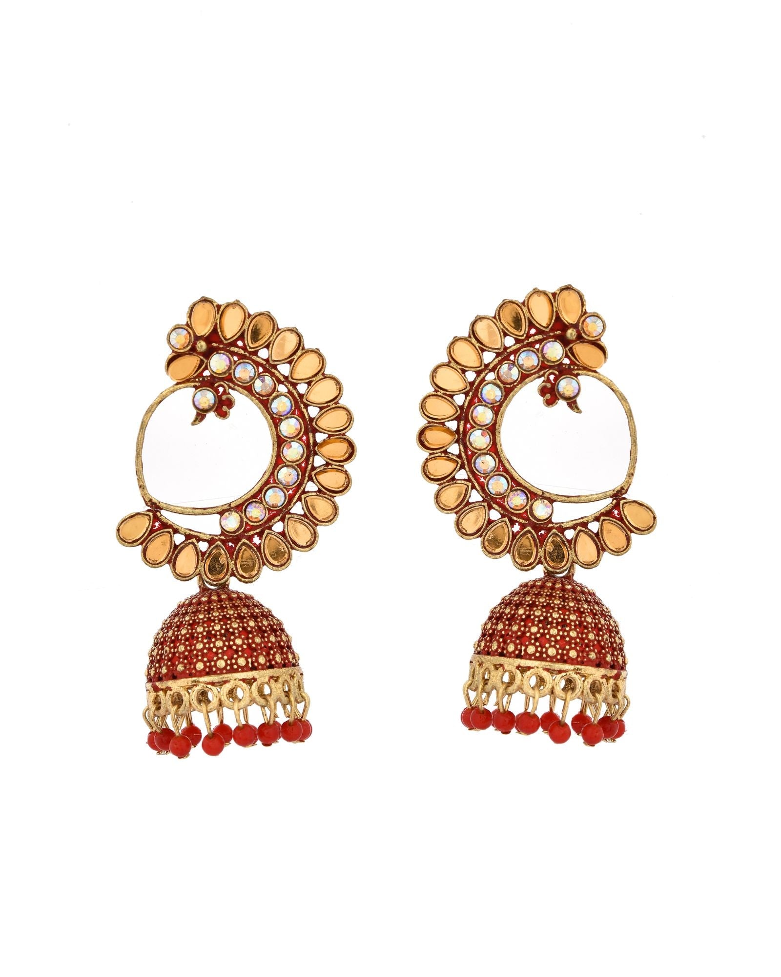 Jewels Nest Gold Plated Kundan Style Red Beaded Jhumka Earrings For Women