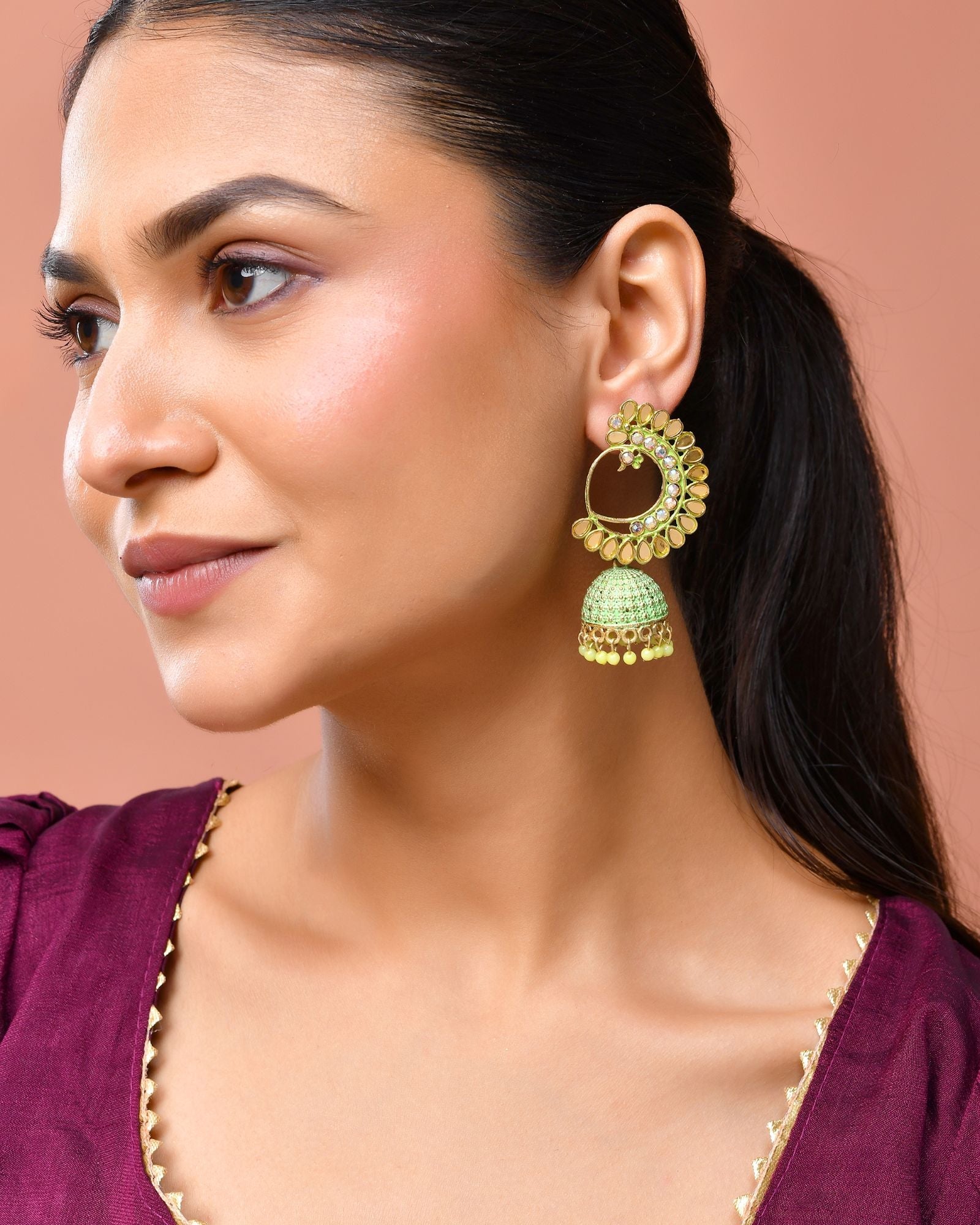 Jewels Nest Gold Plated Kundan Style Green Beaded Jhumka Earrings For Women