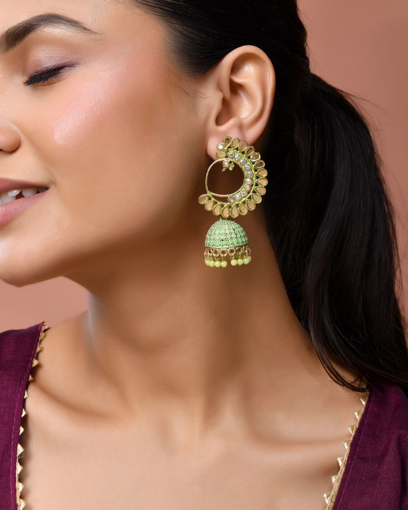 Jewels Nest Gold Plated Kundan Style Green Beaded Jhumka Earrings For Women