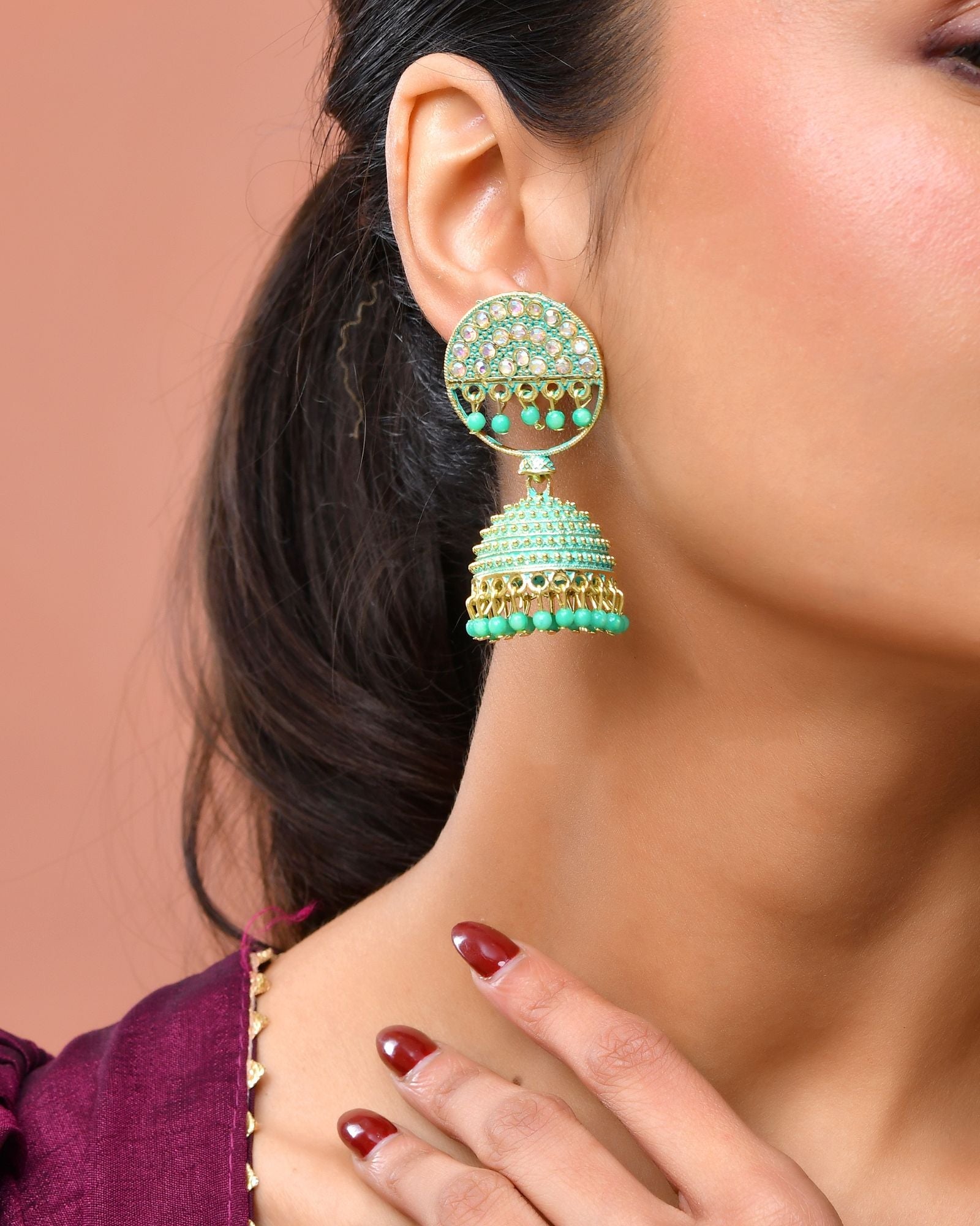 Jewels Nest Gold Plated Kundan Green Dome Jhumka Earrings With Beads For Women
