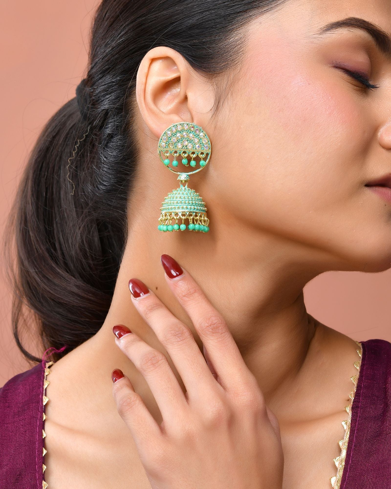Jewels Nest Gold Plated Kundan Green Dome Jhumka Earrings With Beads For Women