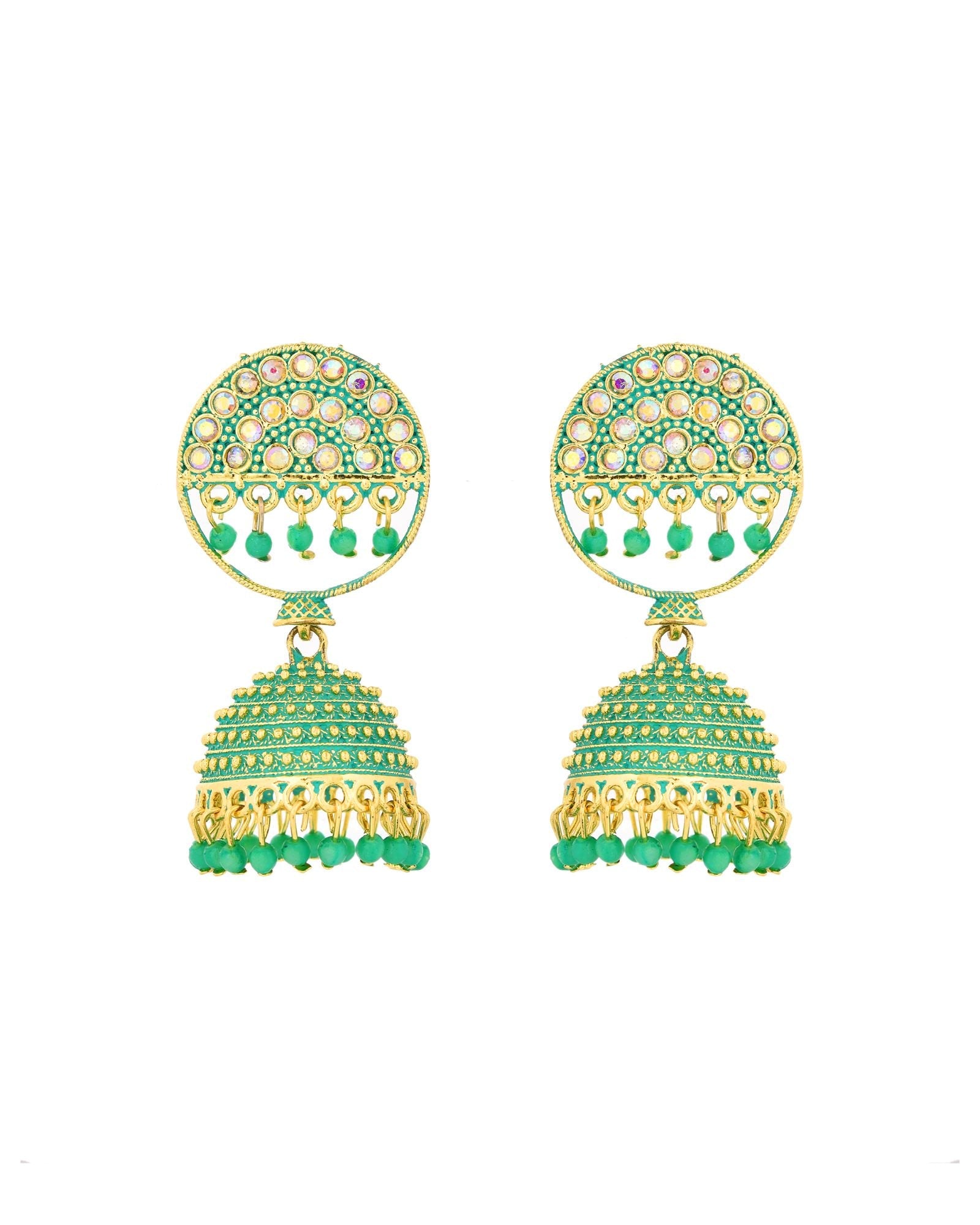Jewels Nest Gold Plated Kundan Green Dome Jhumka Earrings With Beads For Women