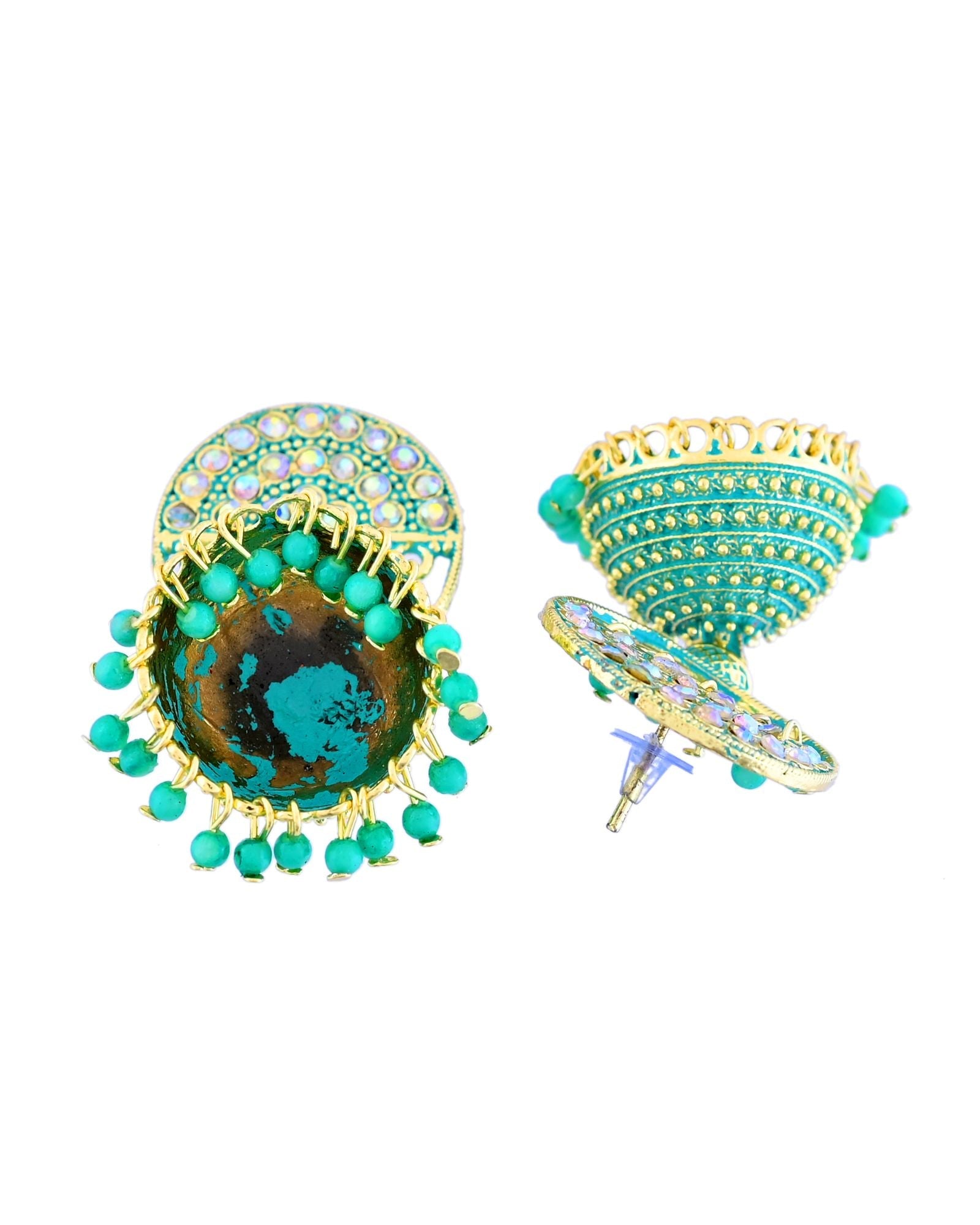 Jewels Nest Gold Plated Kundan Green Dome Jhumka Earrings With Beads For Women