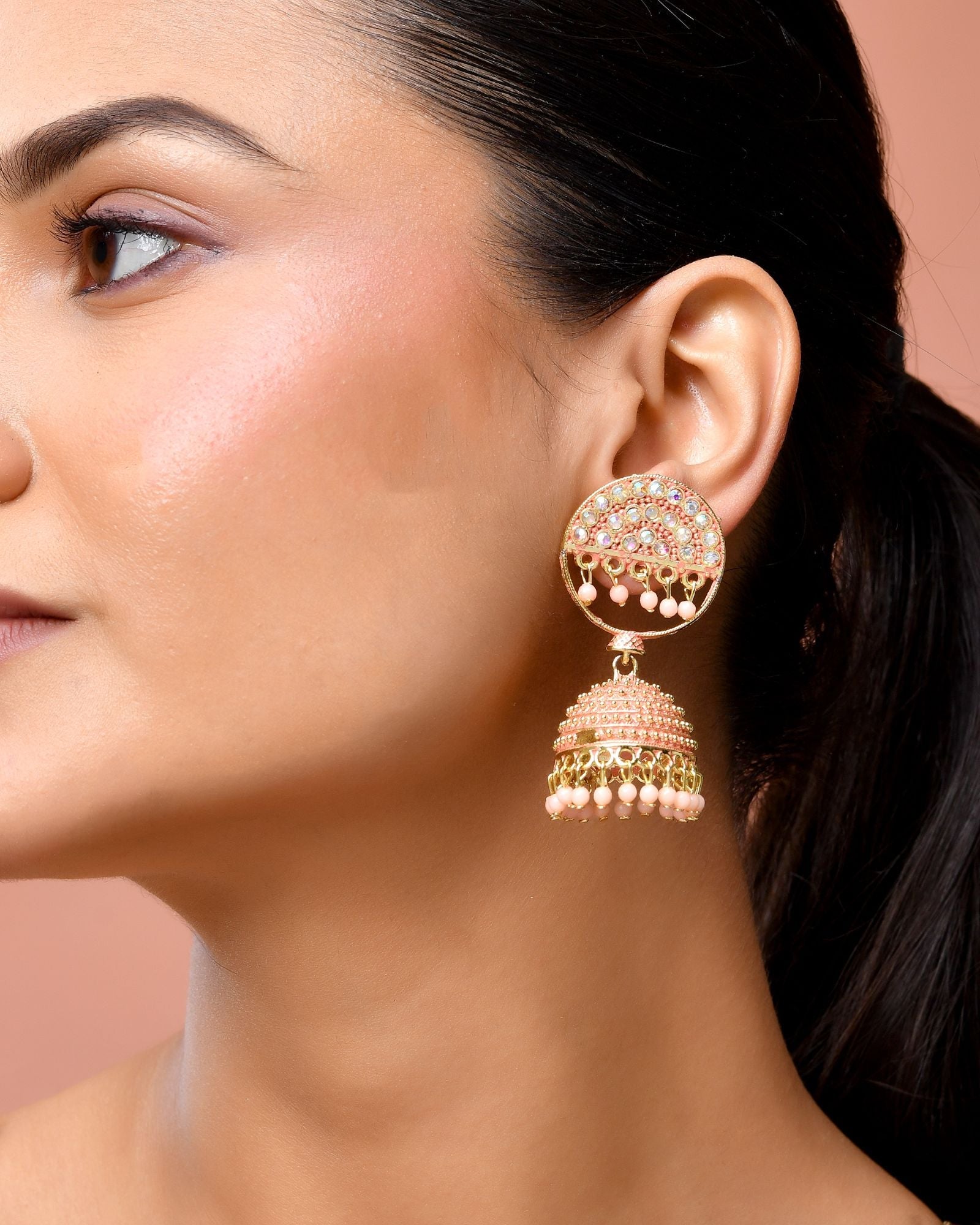 Jewels Nest Gold Plated Kundan Peach Dome Jhumka Earrings With Beads For Women