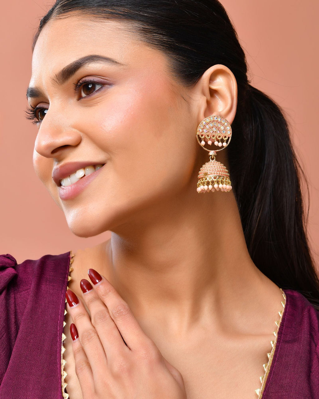 Jewels Nest Gold Plated Kundan Peach Dome Jhumka Earrings With Beads For Women