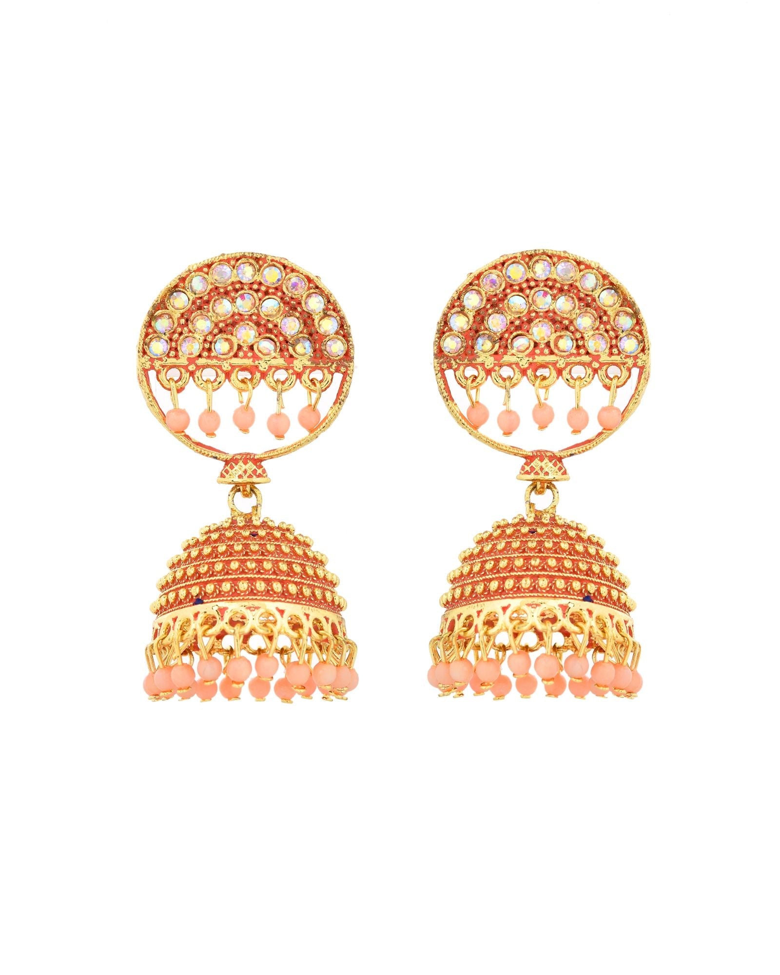 Jewels Nest Gold Plated Kundan Peach Dome Jhumka Earrings With Beads For Women
